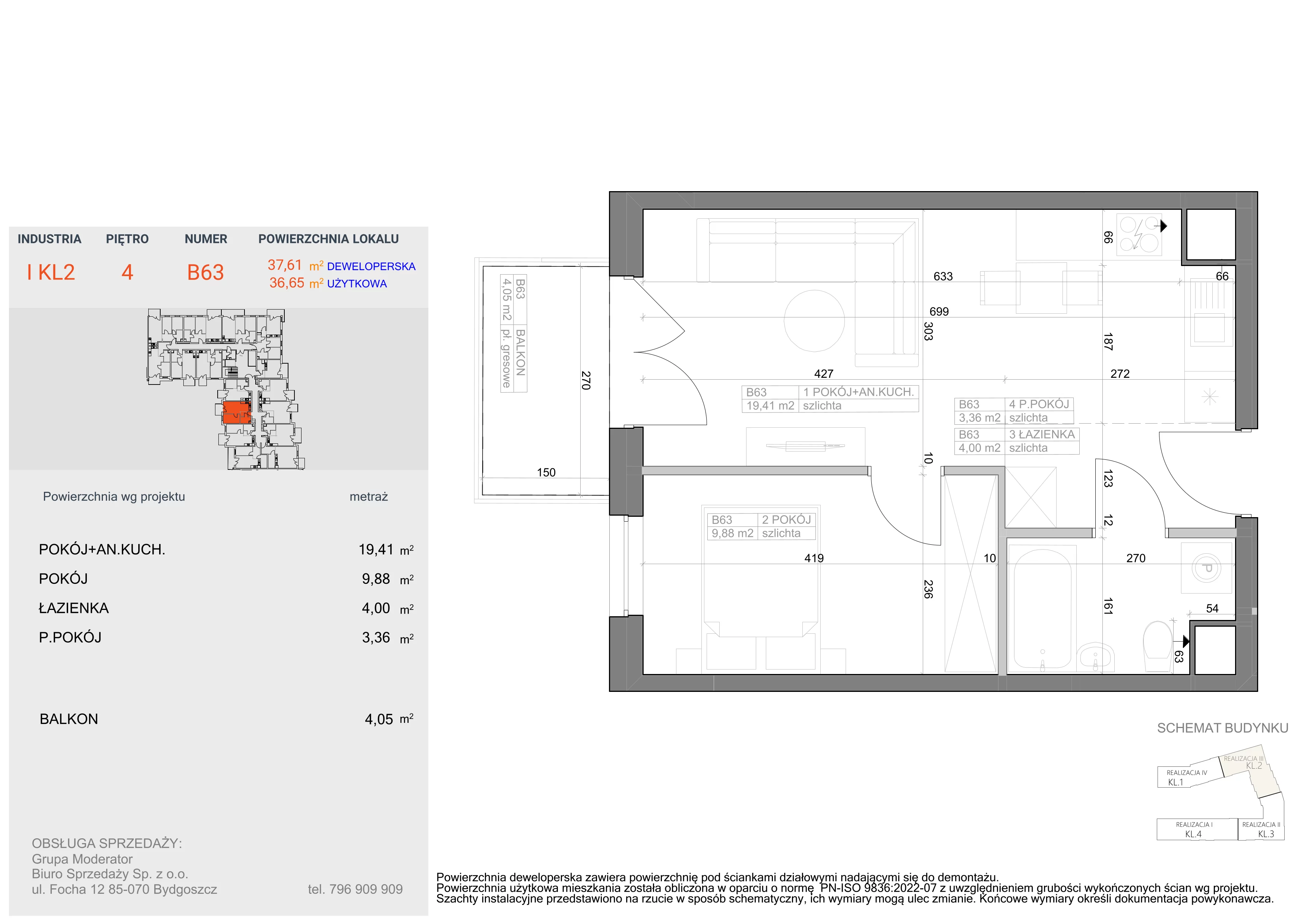 2 pokoje, mieszkanie 36,65 m², piętro 4, oferta nr I-B63, Industria II, Bydgoszcz, Bocianowo, ul. Rycerska 22