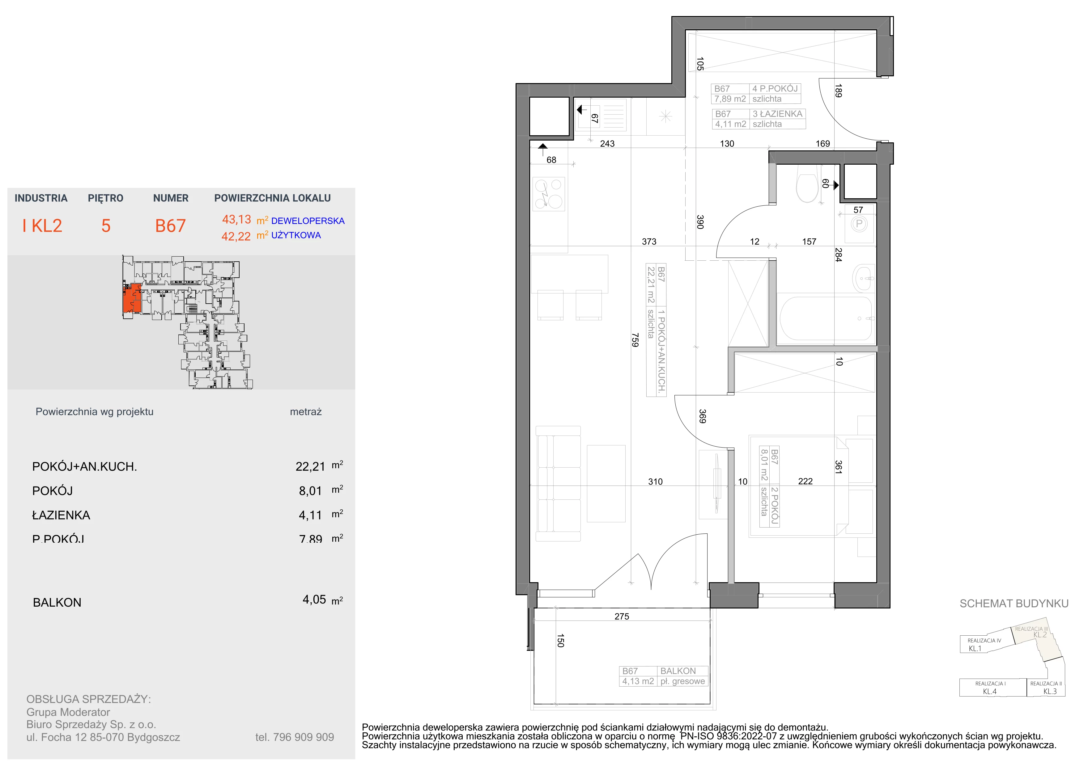 2 pokoje, mieszkanie 42,22 m², piętro 5, oferta nr I-B67, Industria II, Bydgoszcz, Bocianowo, ul. Rycerska 22