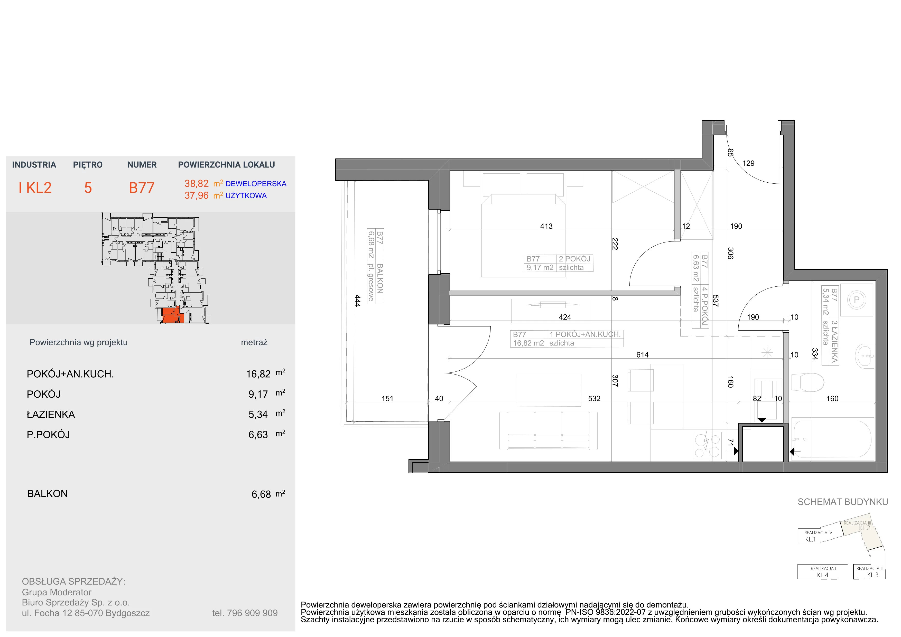 2 pokoje, mieszkanie 37,96 m², piętro 5, oferta nr I-B77, Industria II, Bydgoszcz, Bocianowo, ul. Rycerska 22