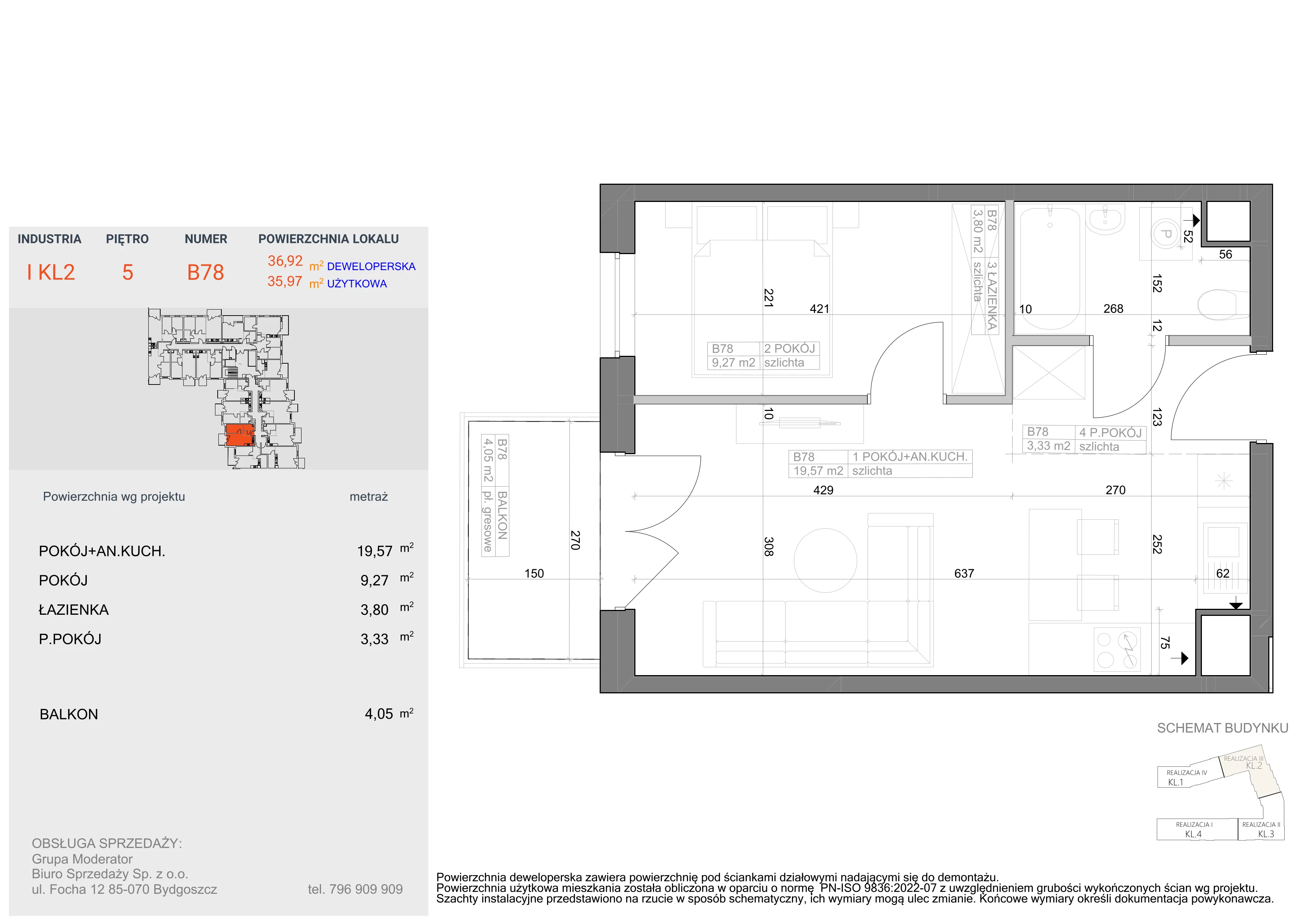 2 pokoje, mieszkanie 35,97 m², piętro 5, oferta nr I-B78, Industria II, Bydgoszcz, Bocianowo, ul. Rycerska 22