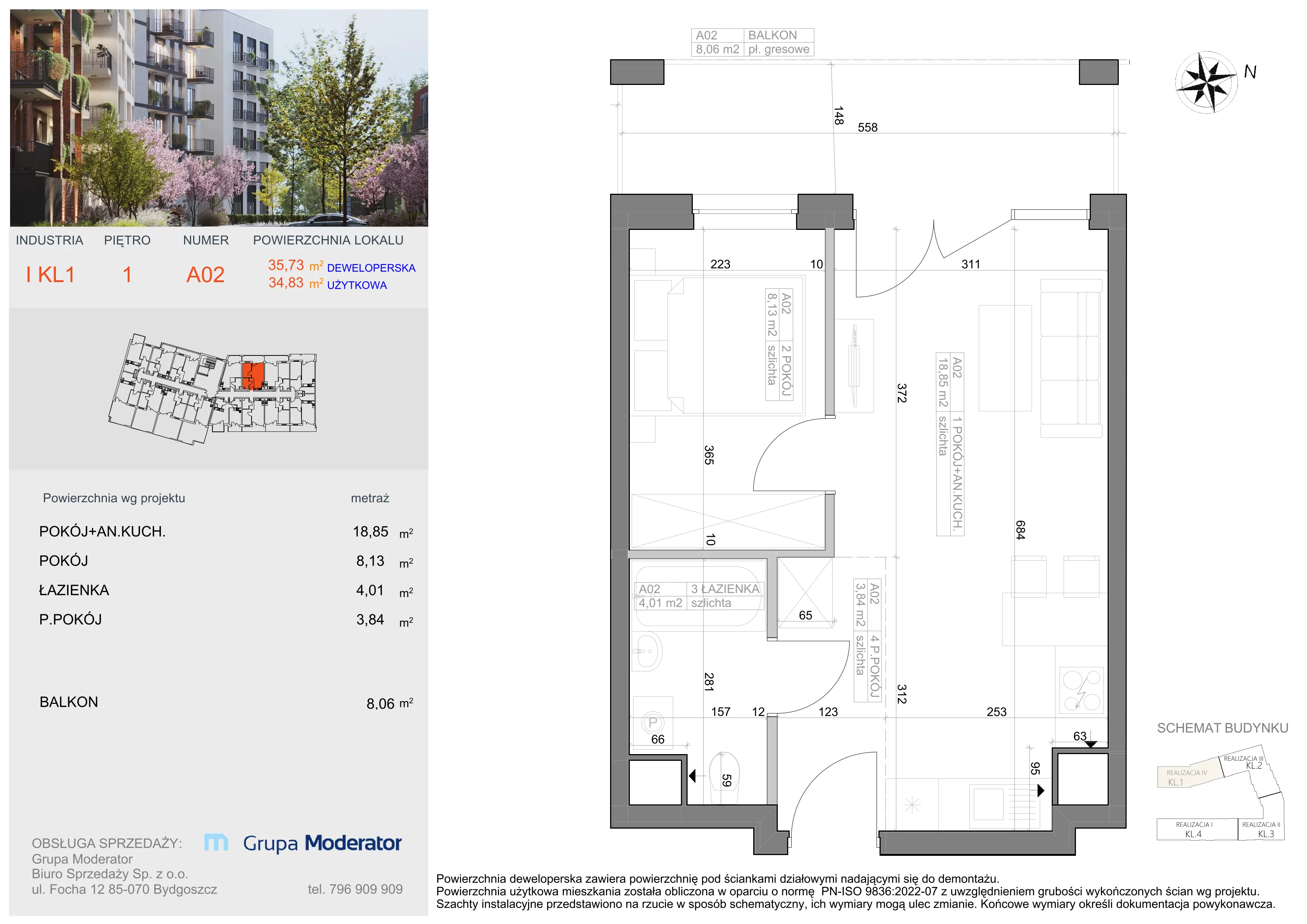 2 pokoje, mieszkanie 34,83 m², piętro 1, oferta nr I-A2, Industria II, Bydgoszcz, Bocianowo, ul. Rycerska 22