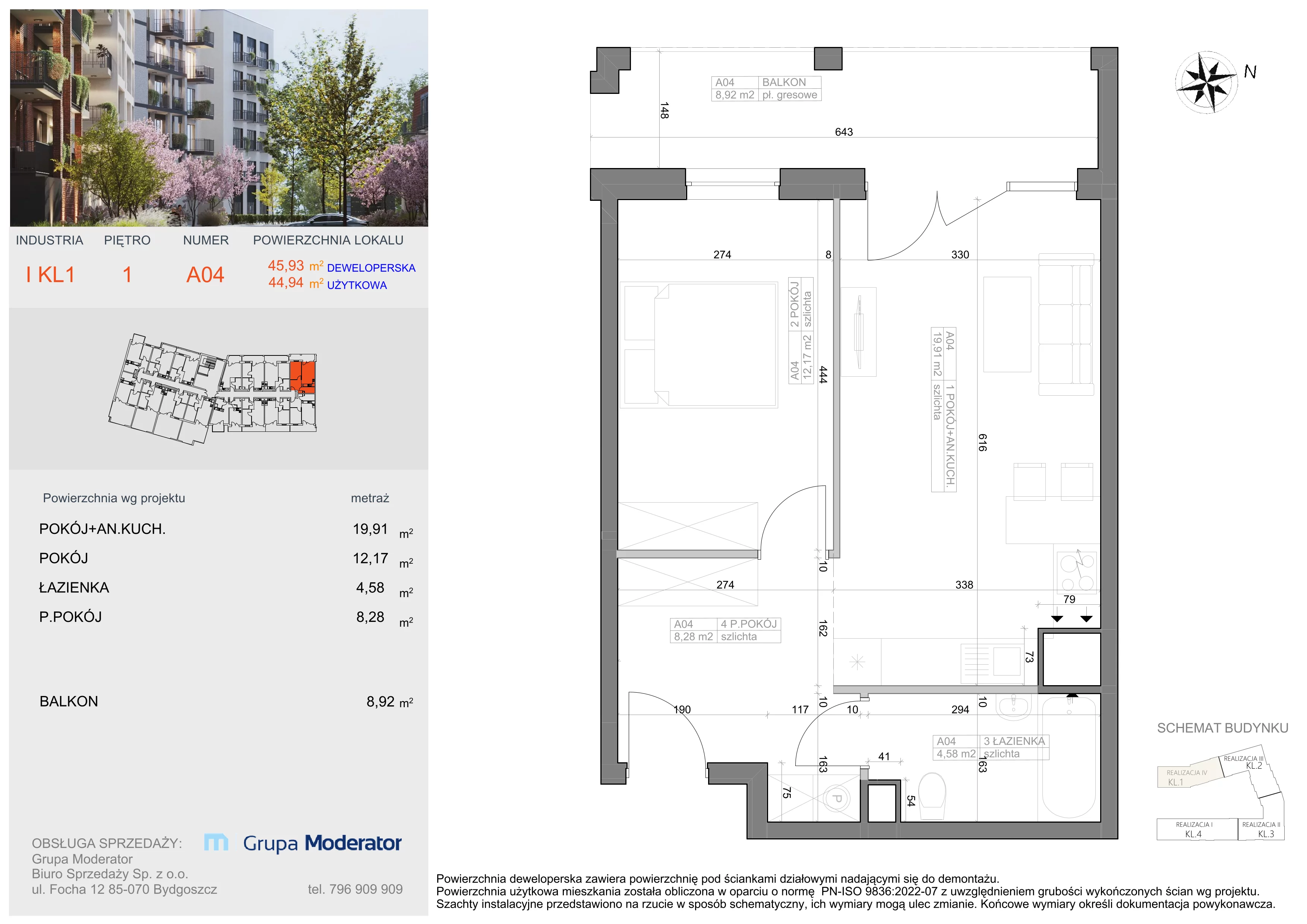 2 pokoje, mieszkanie 44,94 m², piętro 1, oferta nr I-A4, Industria II, Bydgoszcz, Bocianowo, ul. Rycerska 22