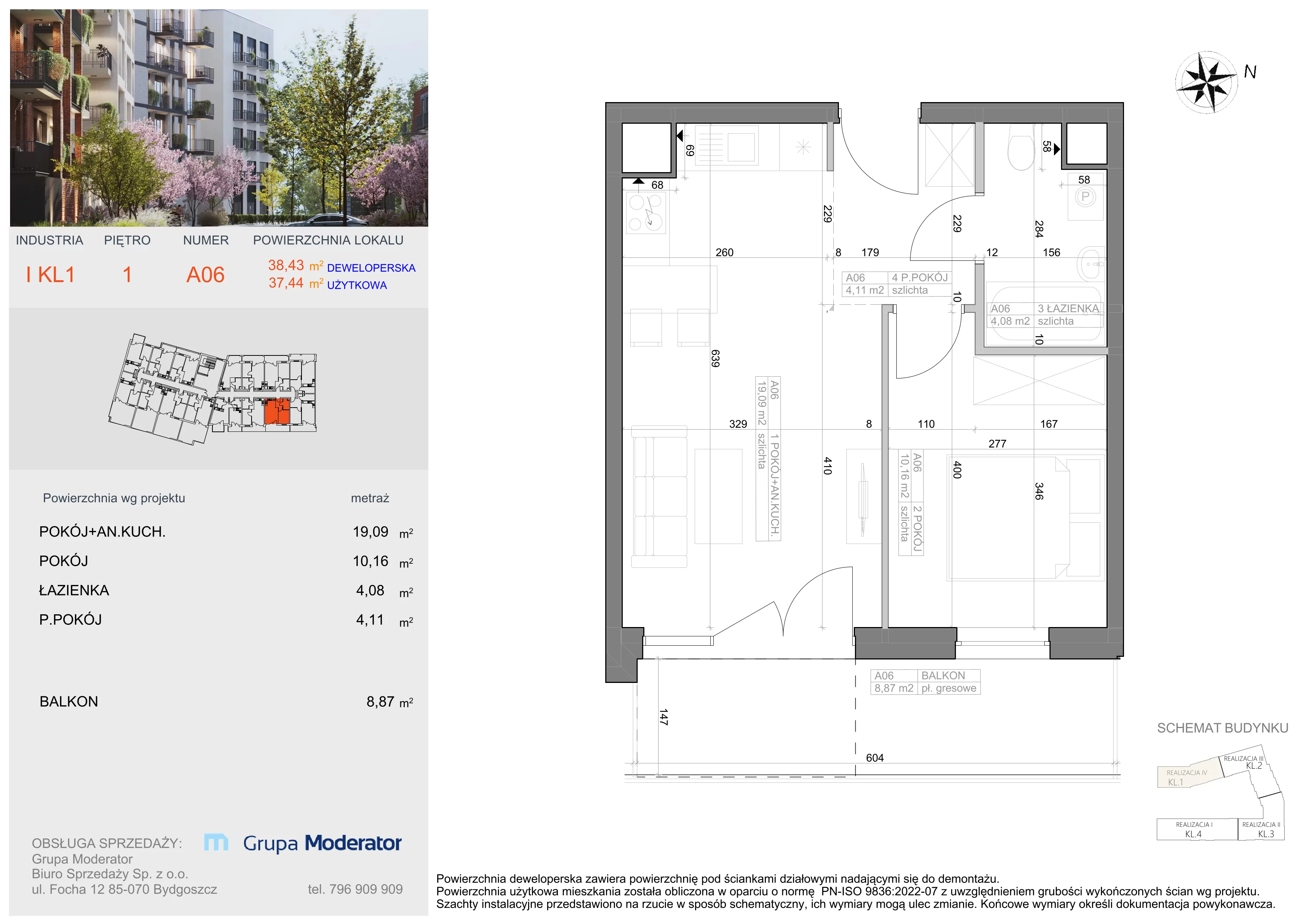 2 pokoje, mieszkanie 37,44 m², piętro 1, oferta nr I-A6, Industria II, Bydgoszcz, Bocianowo, ul. Rycerska 22