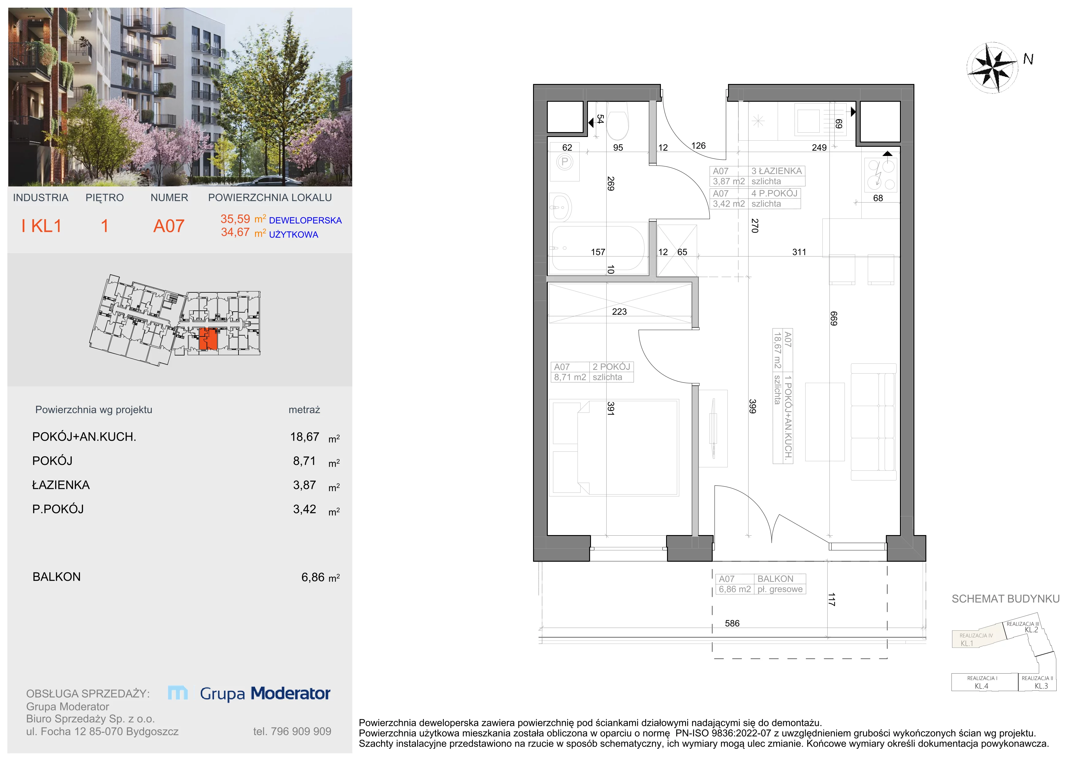 2 pokoje, mieszkanie 34,67 m², piętro 1, oferta nr I-A7, Industria II, Bydgoszcz, Bocianowo, ul. Rycerska 22
