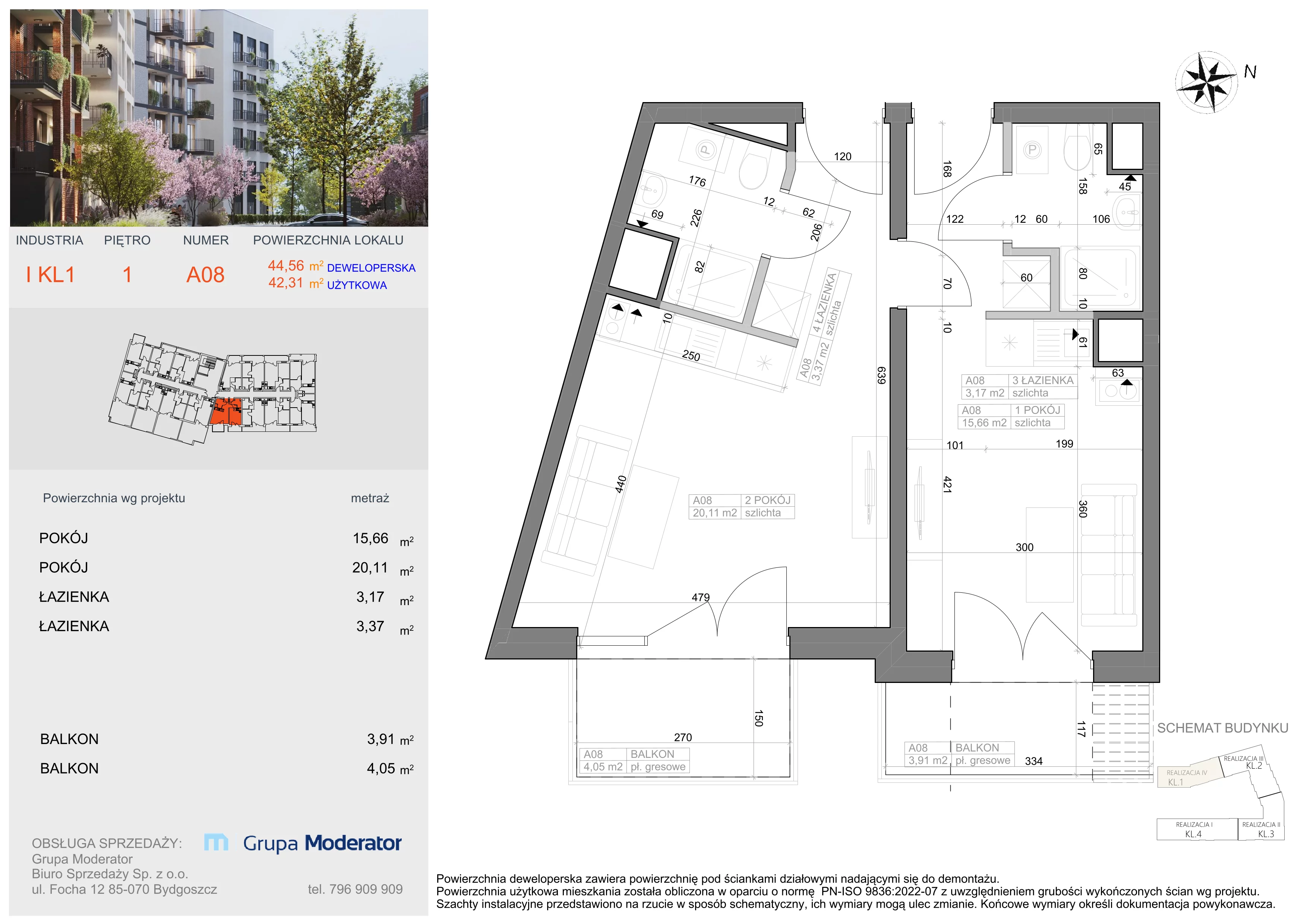 2 pokoje, mieszkanie 42,31 m², piętro 1, oferta nr I-A8, Industria II, Bydgoszcz, Bocianowo, ul. Rycerska 22