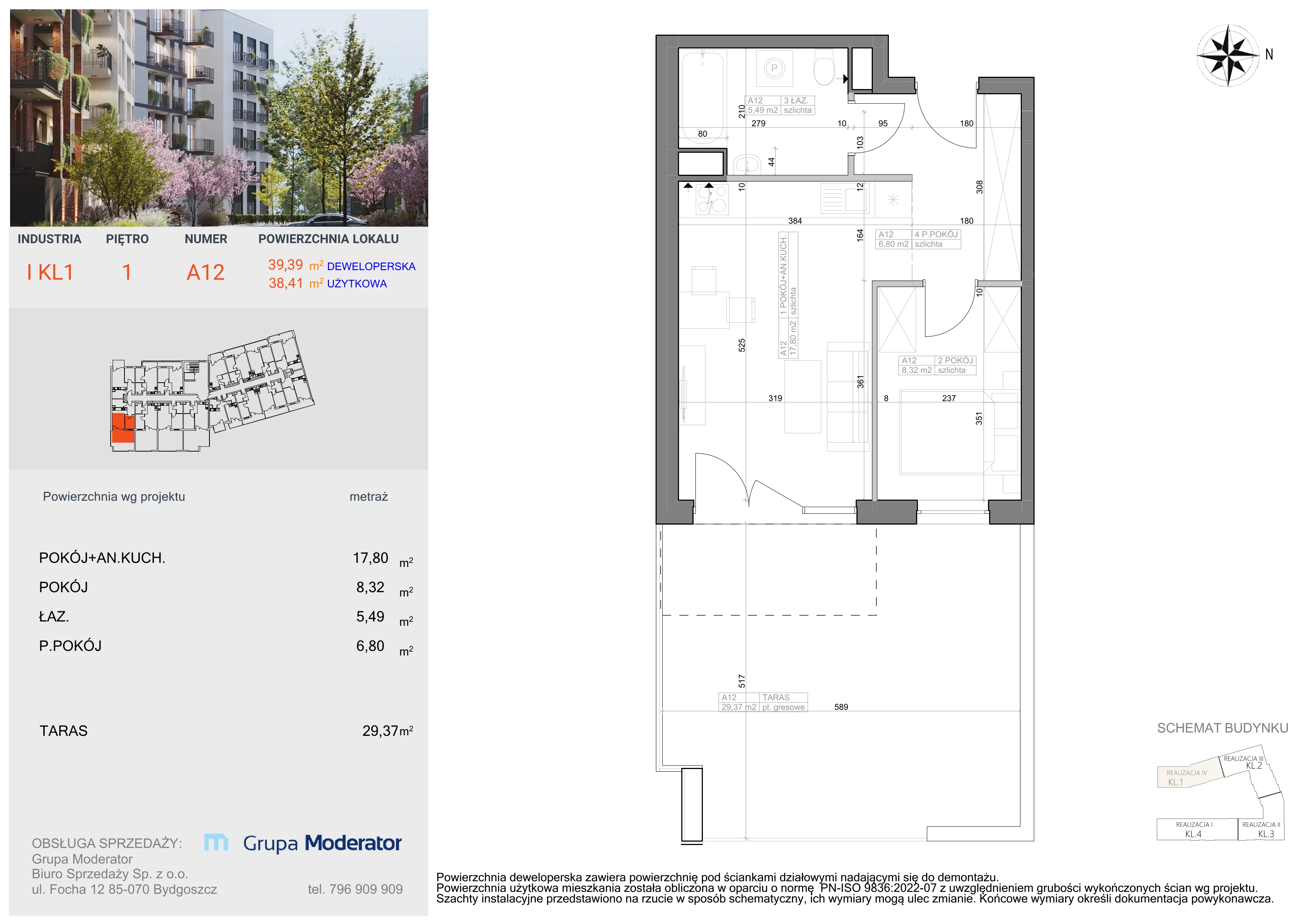 2 pokoje, mieszkanie 38,41 m², piętro 1, oferta nr I-A12, Industria II, Bydgoszcz, Bocianowo, ul. Rycerska 22