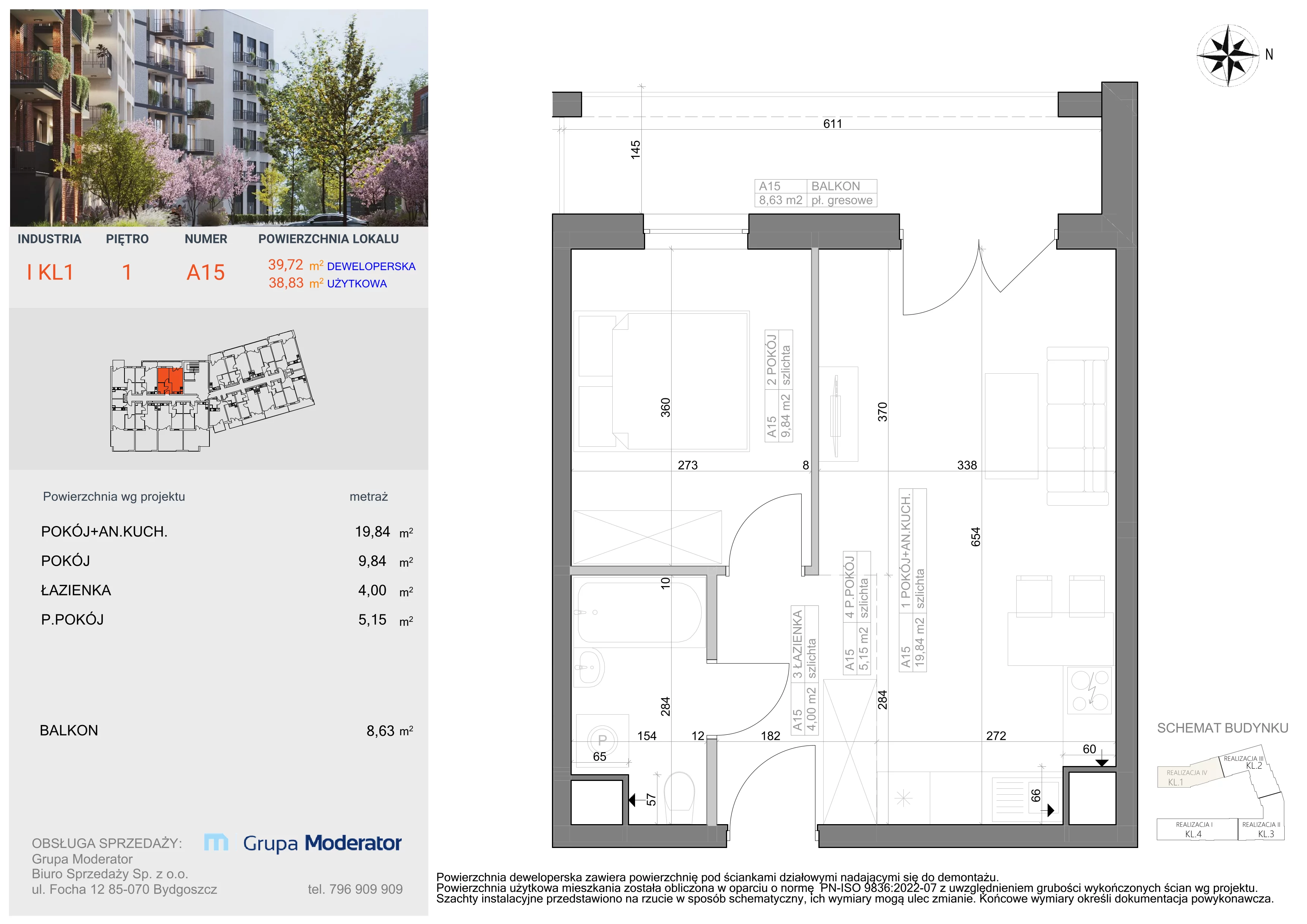 2 pokoje, mieszkanie 38,83 m², piętro 1, oferta nr I-A15, Industria II, Bydgoszcz, Bocianowo, ul. Rycerska 22