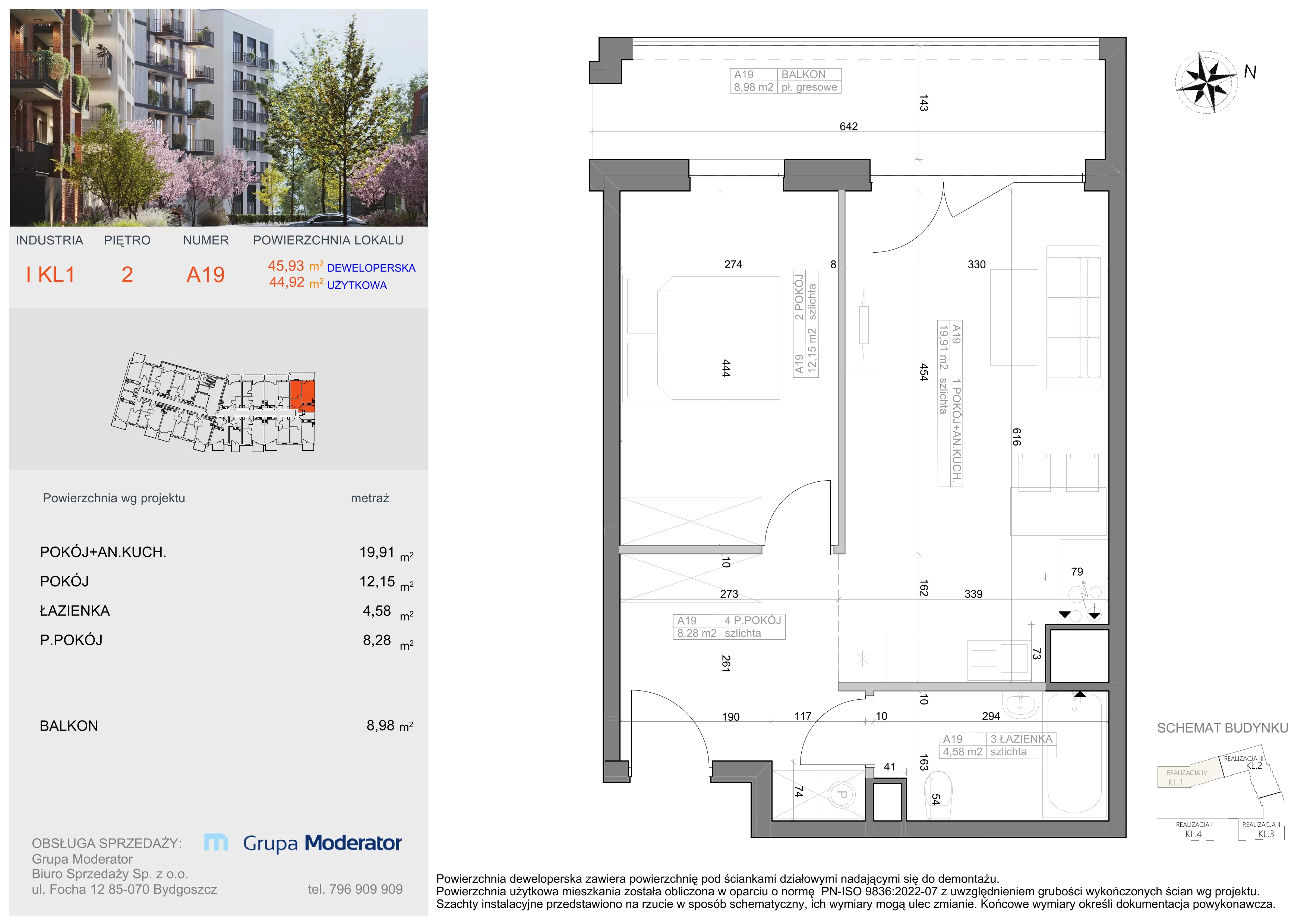 2 pokoje, mieszkanie 44,92 m², piętro 2, oferta nr I-A19, Industria II, Bydgoszcz, Bocianowo, ul. Rycerska 22
