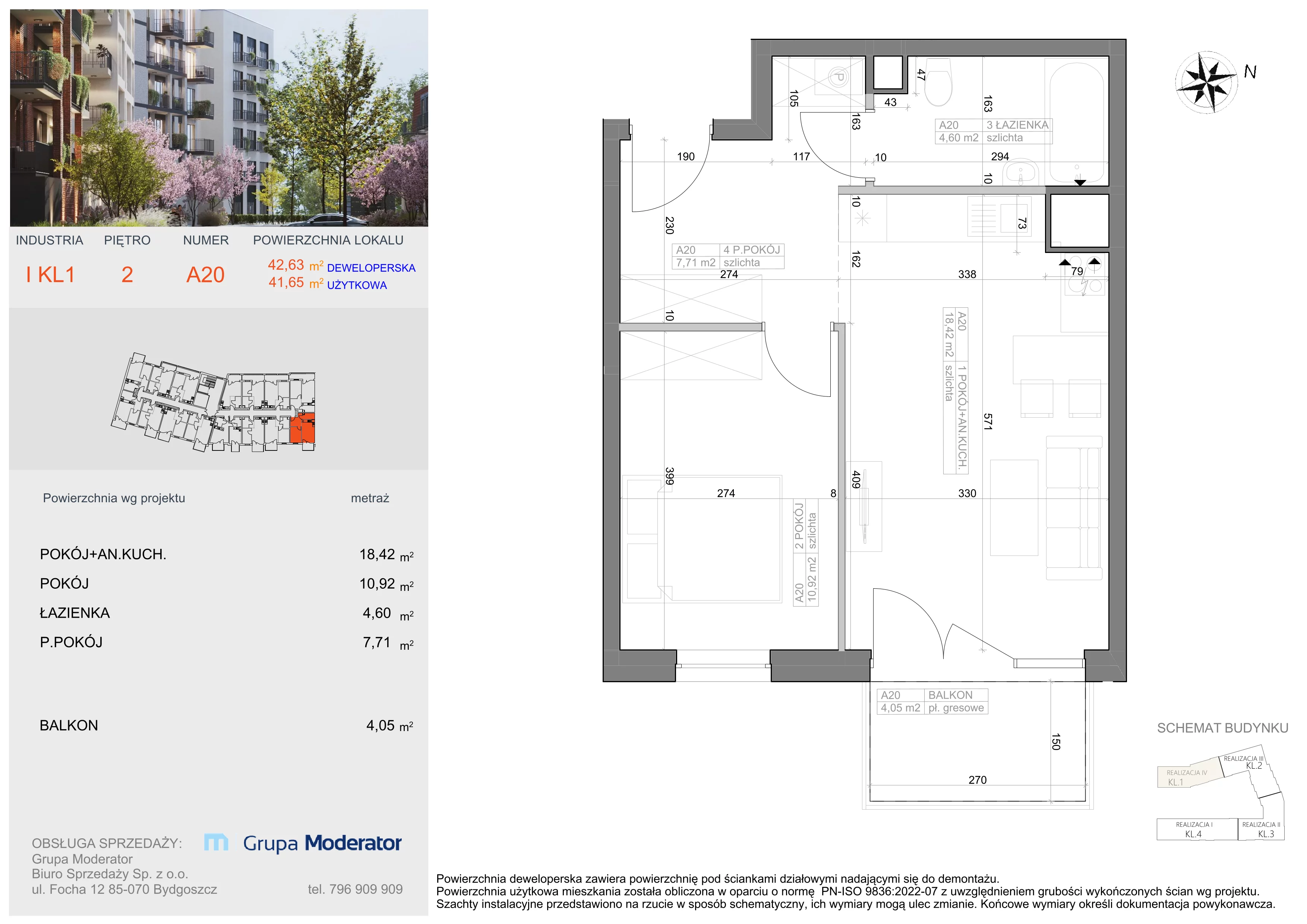 2 pokoje, mieszkanie 41,65 m², piętro 2, oferta nr I-A20, Industria II, Bydgoszcz, Bocianowo, ul. Rycerska 22