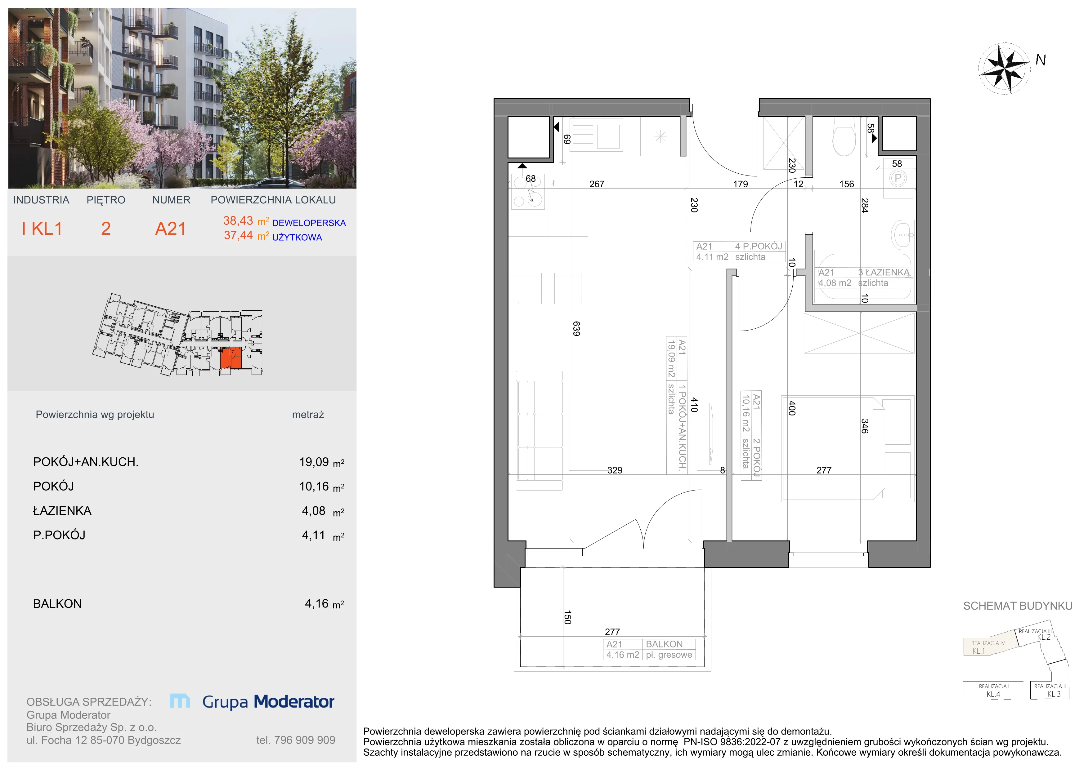 2 pokoje, mieszkanie 37,44 m², piętro 2, oferta nr I-A21, Industria II, Bydgoszcz, Bocianowo, ul. Rycerska 22
