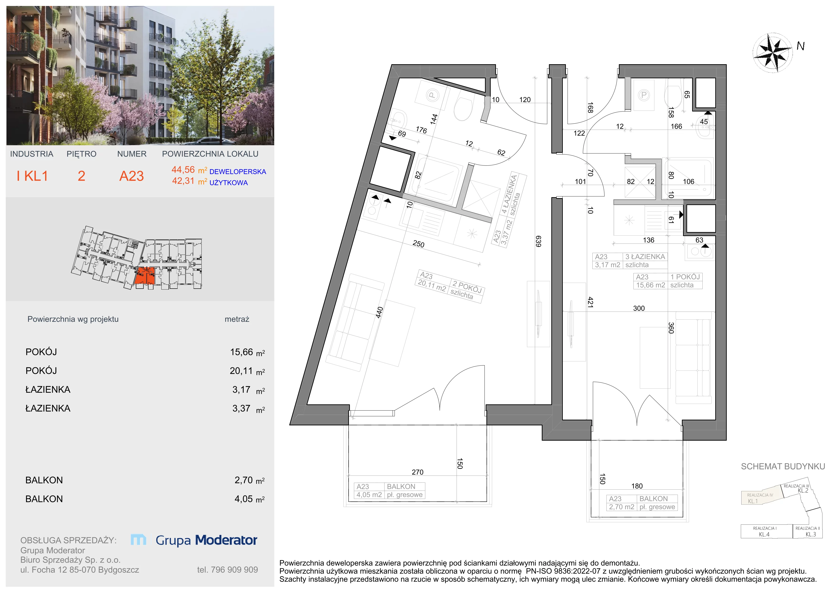 2 pokoje, mieszkanie 42,31 m², piętro 2, oferta nr I-A23, Industria II, Bydgoszcz, Bocianowo, ul. Rycerska 22