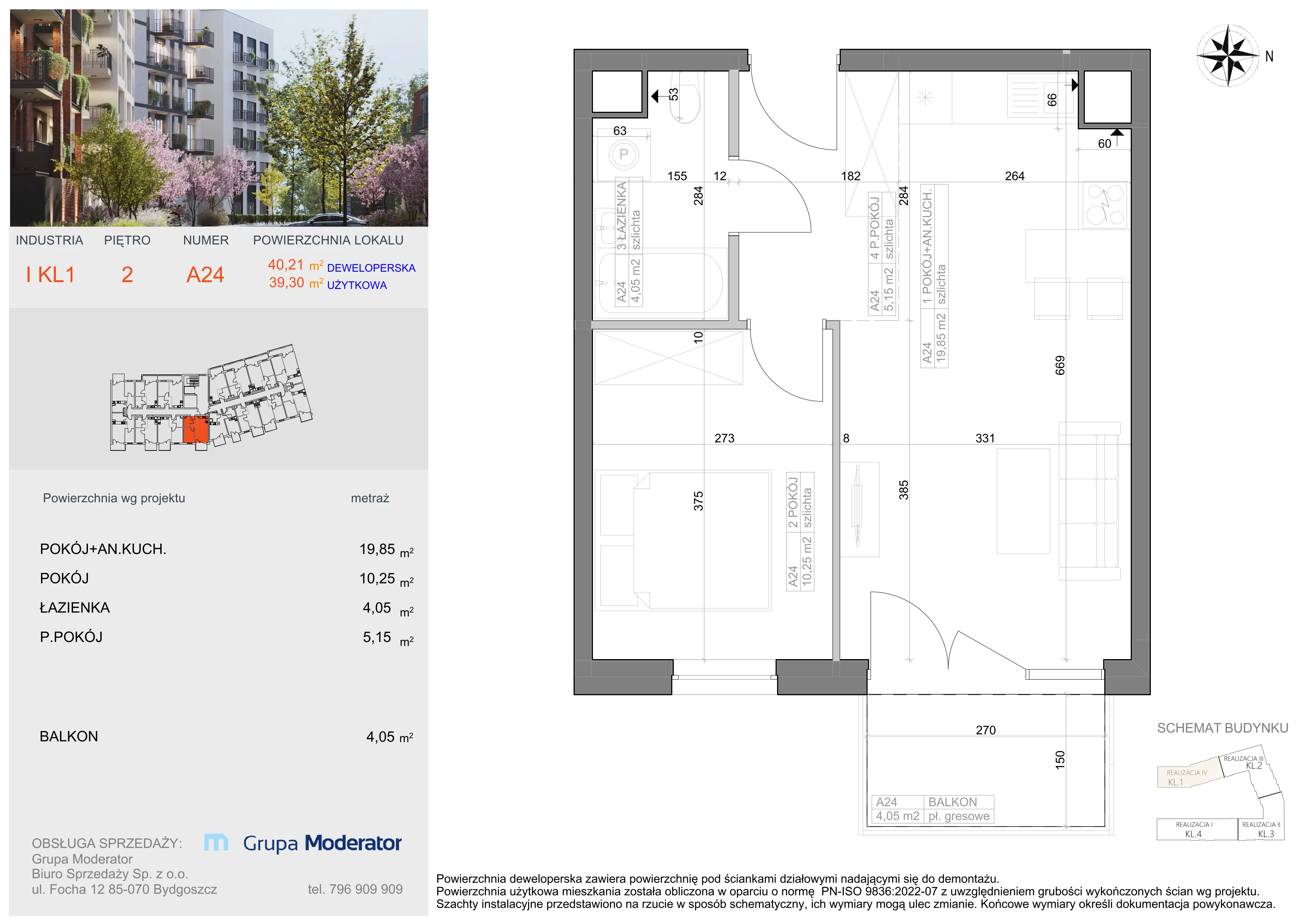 2 pokoje, mieszkanie 39,30 m², piętro 2, oferta nr I-A24, Industria II, Bydgoszcz, Bocianowo, ul. Rycerska 22