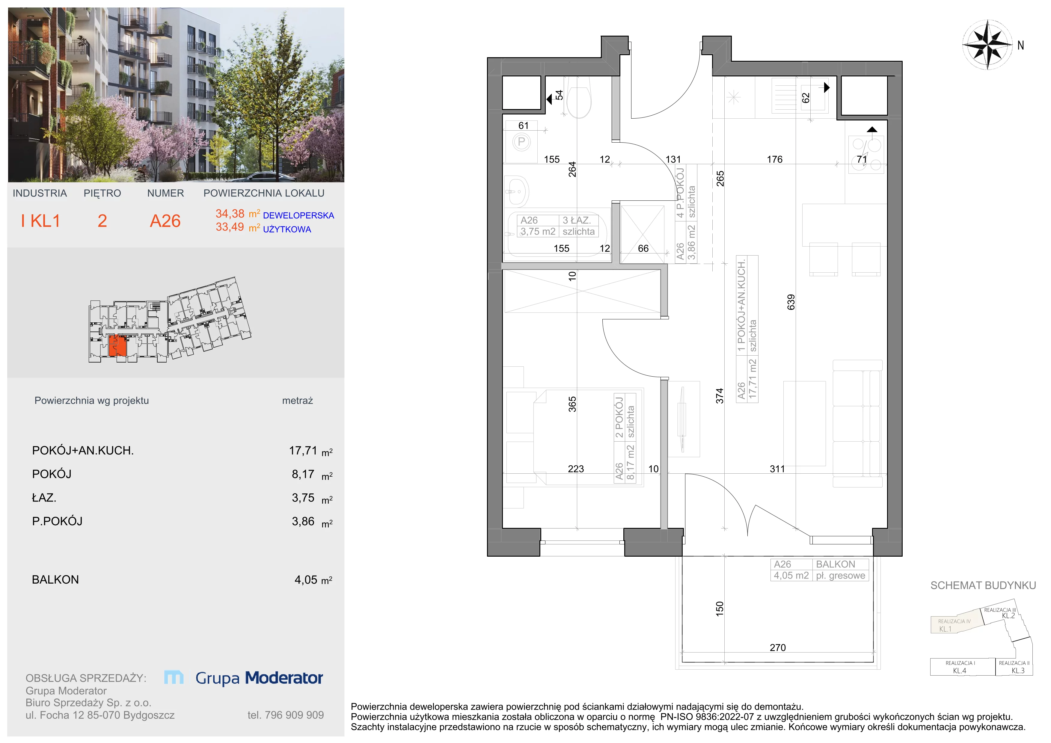 2 pokoje, mieszkanie 33,49 m², piętro 2, oferta nr I-A26, Industria II, Bydgoszcz, Bocianowo, ul. Rycerska 22