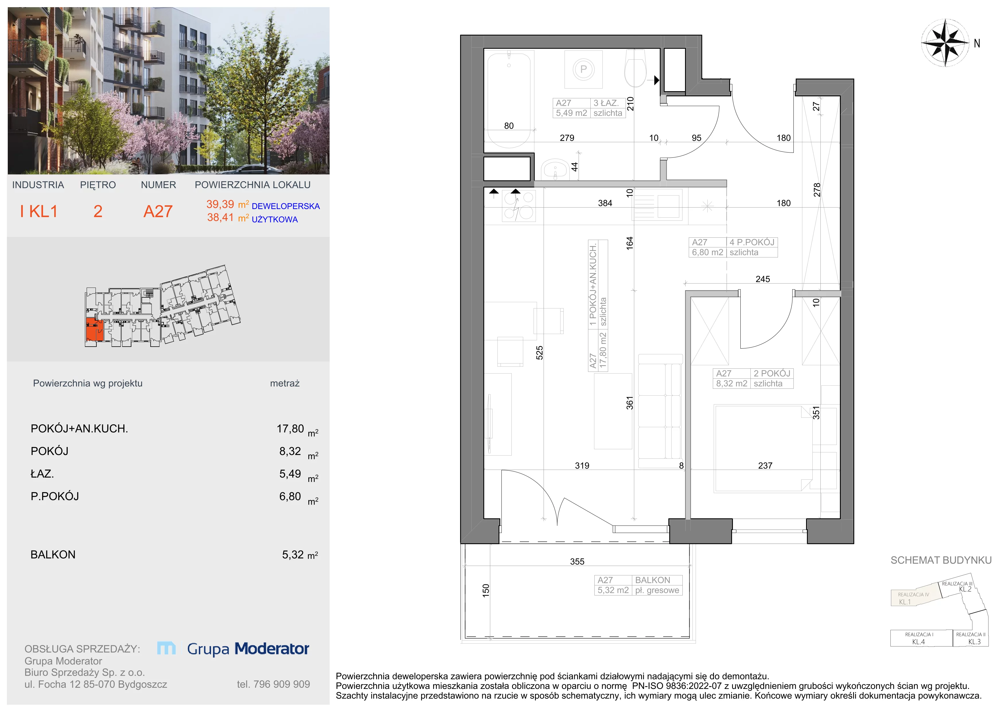 2 pokoje, mieszkanie 38,41 m², piętro 2, oferta nr I-A27, Industria II, Bydgoszcz, Bocianowo, ul. Rycerska 22