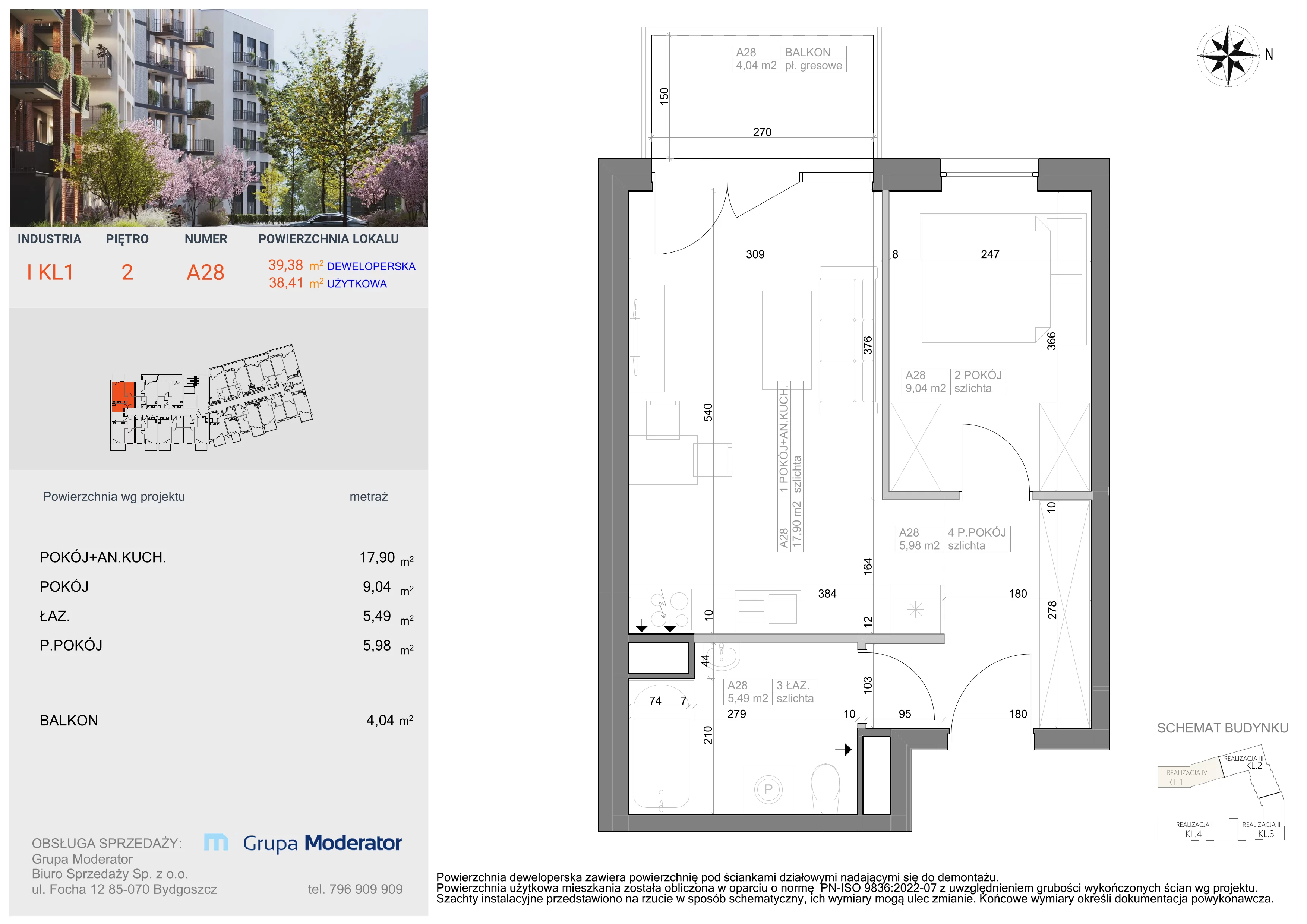 2 pokoje, mieszkanie 38,41 m², piętro 2, oferta nr I-A28, Industria II, Bydgoszcz, Bocianowo, ul. Rycerska 22