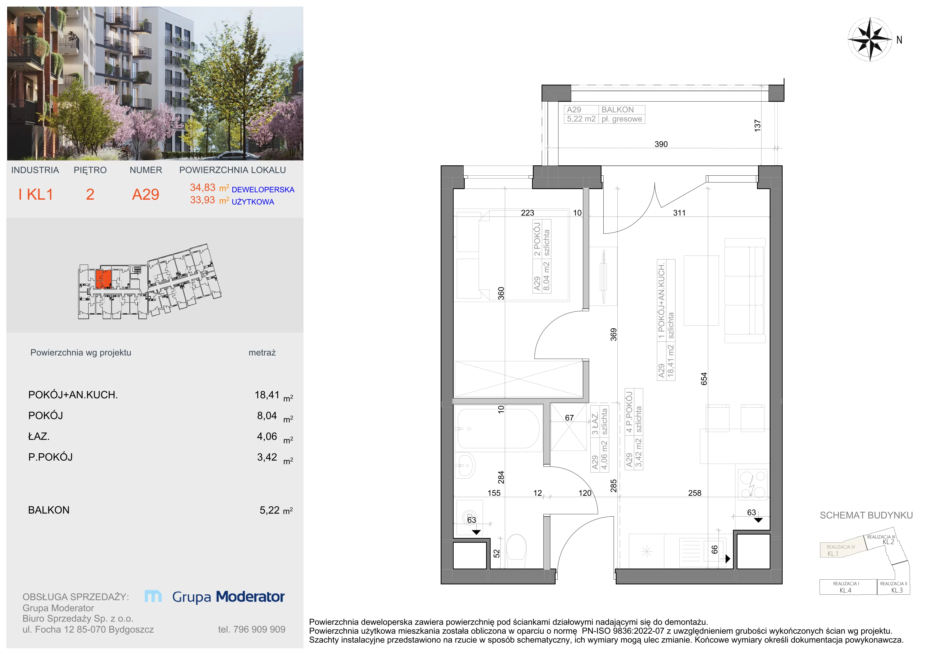 2 pokoje, mieszkanie 33,93 m², piętro 2, oferta nr I-A29, Industria II, Bydgoszcz, Bocianowo, ul. Rycerska 22