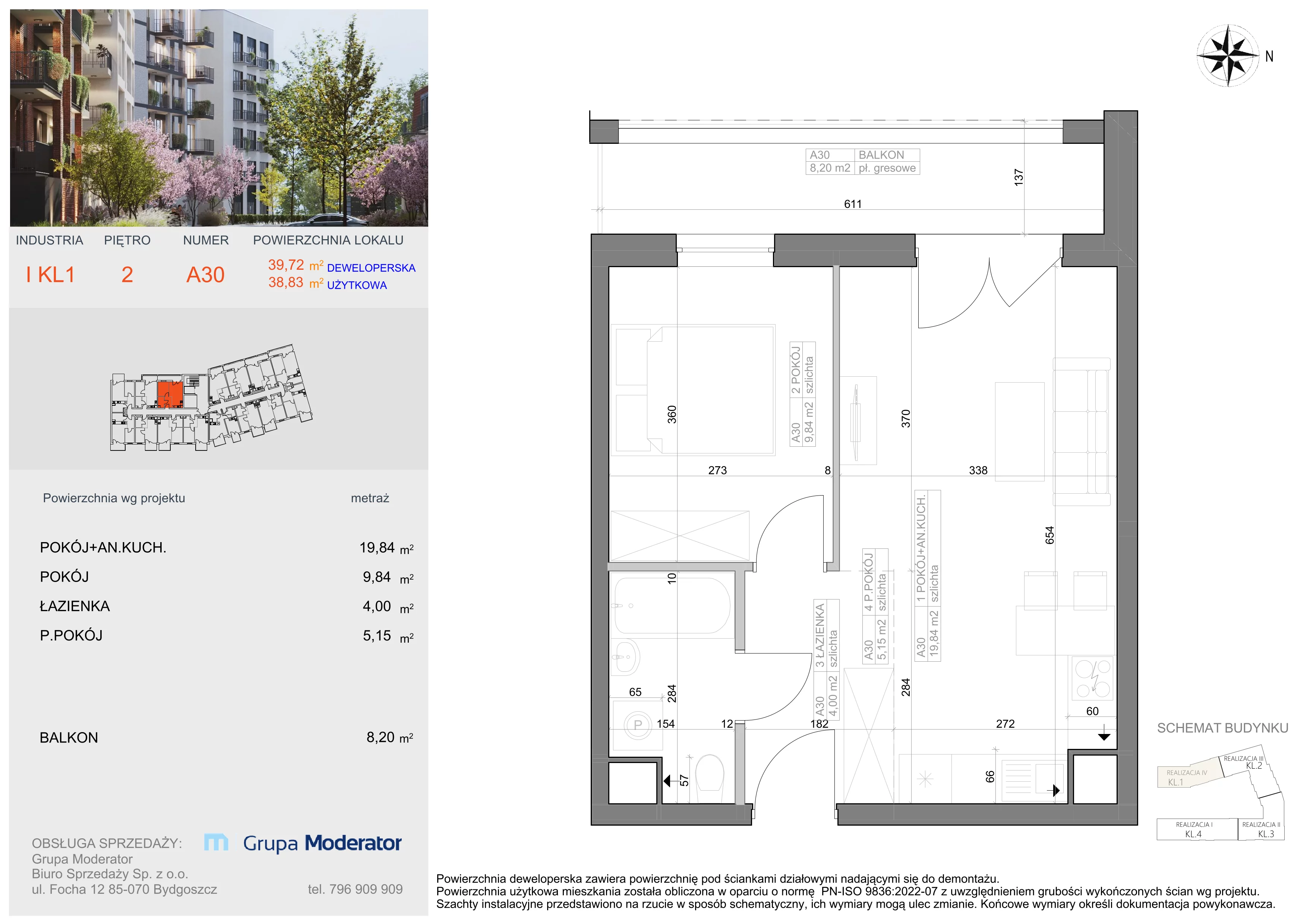 2 pokoje, mieszkanie 38,83 m², piętro 2, oferta nr I-A30, Industria II, Bydgoszcz, Bocianowo, ul. Rycerska 22