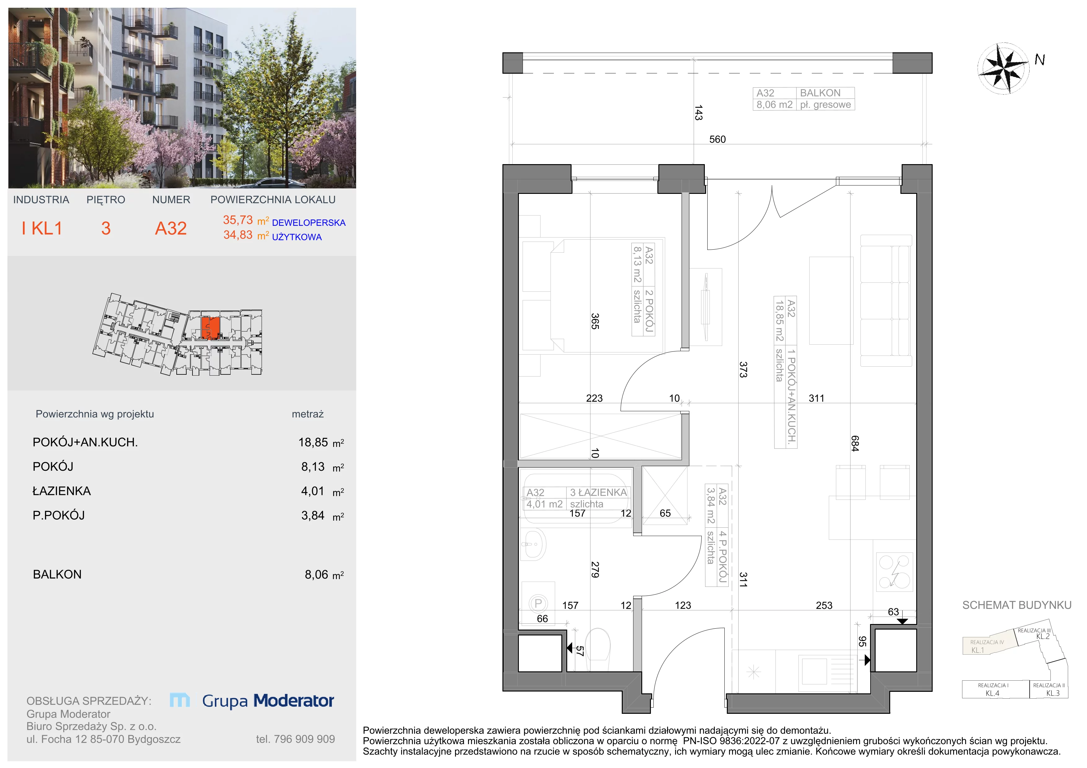 2 pokoje, mieszkanie 34,83 m², piętro 3, oferta nr I-A32, Industria II, Bydgoszcz, Bocianowo, ul. Rycerska 22