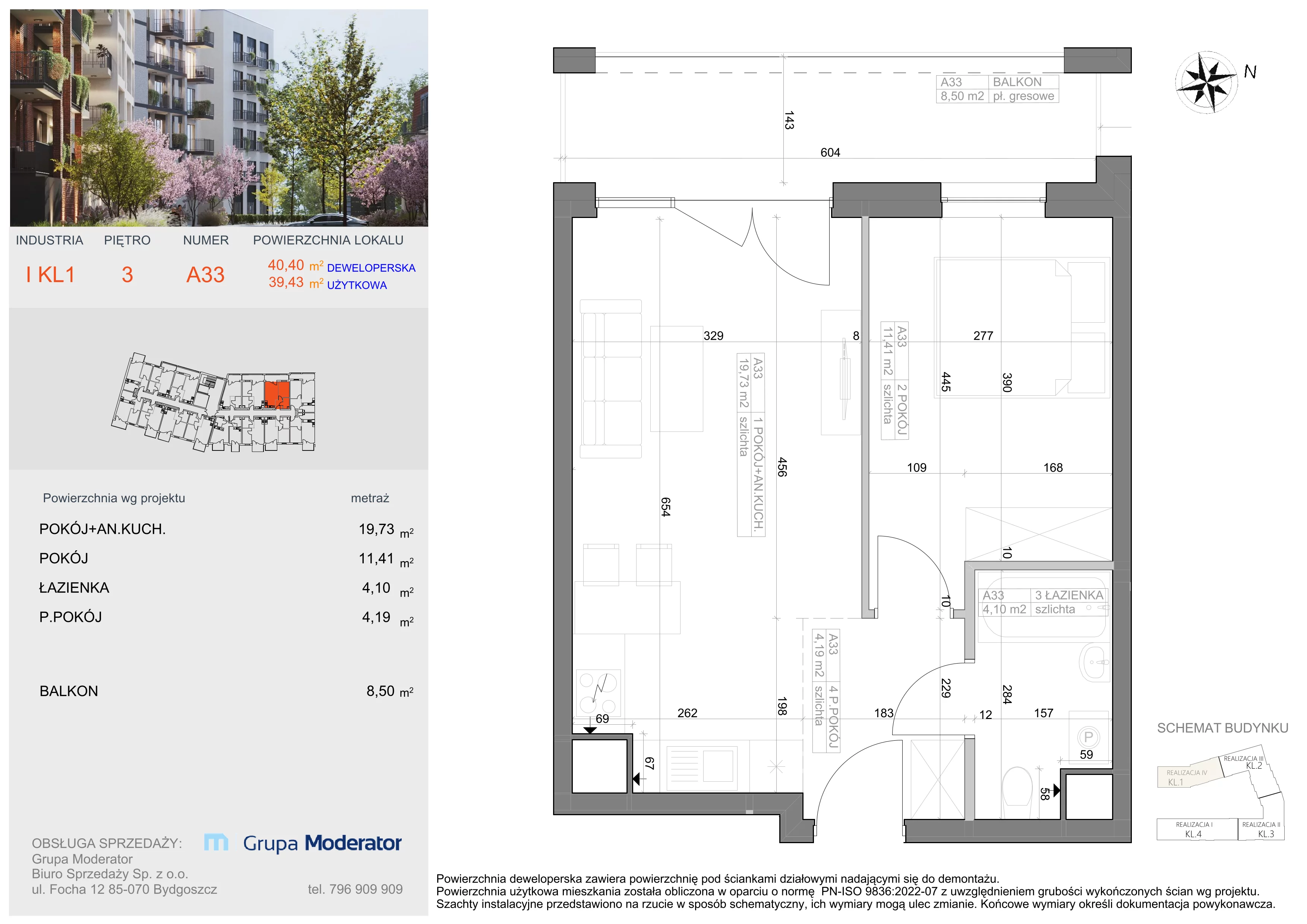 2 pokoje, mieszkanie 39,43 m², piętro 3, oferta nr I-A33, Industria II, Bydgoszcz, Bocianowo, ul. Rycerska 22