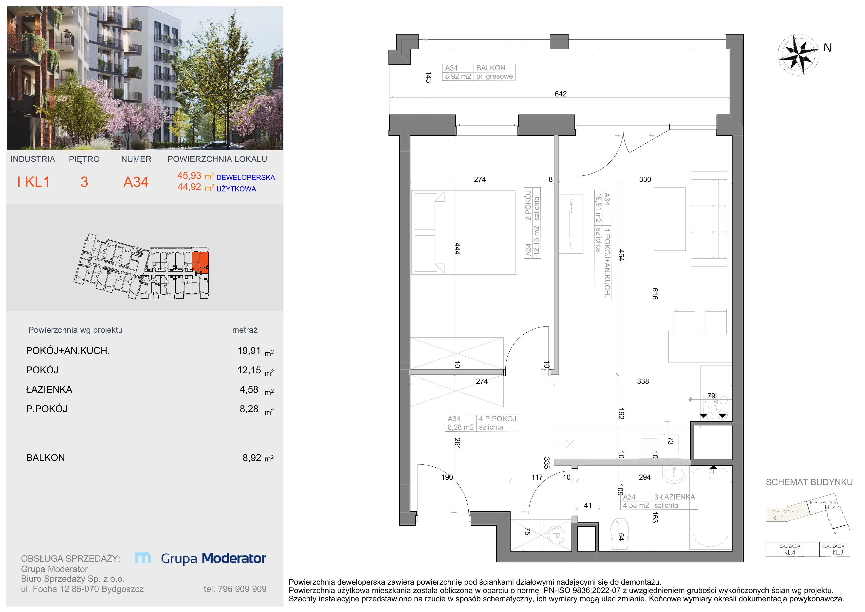 2 pokoje, mieszkanie 44,92 m², piętro 3, oferta nr I-A34, Industria II, Bydgoszcz, Bocianowo, ul. Rycerska 22