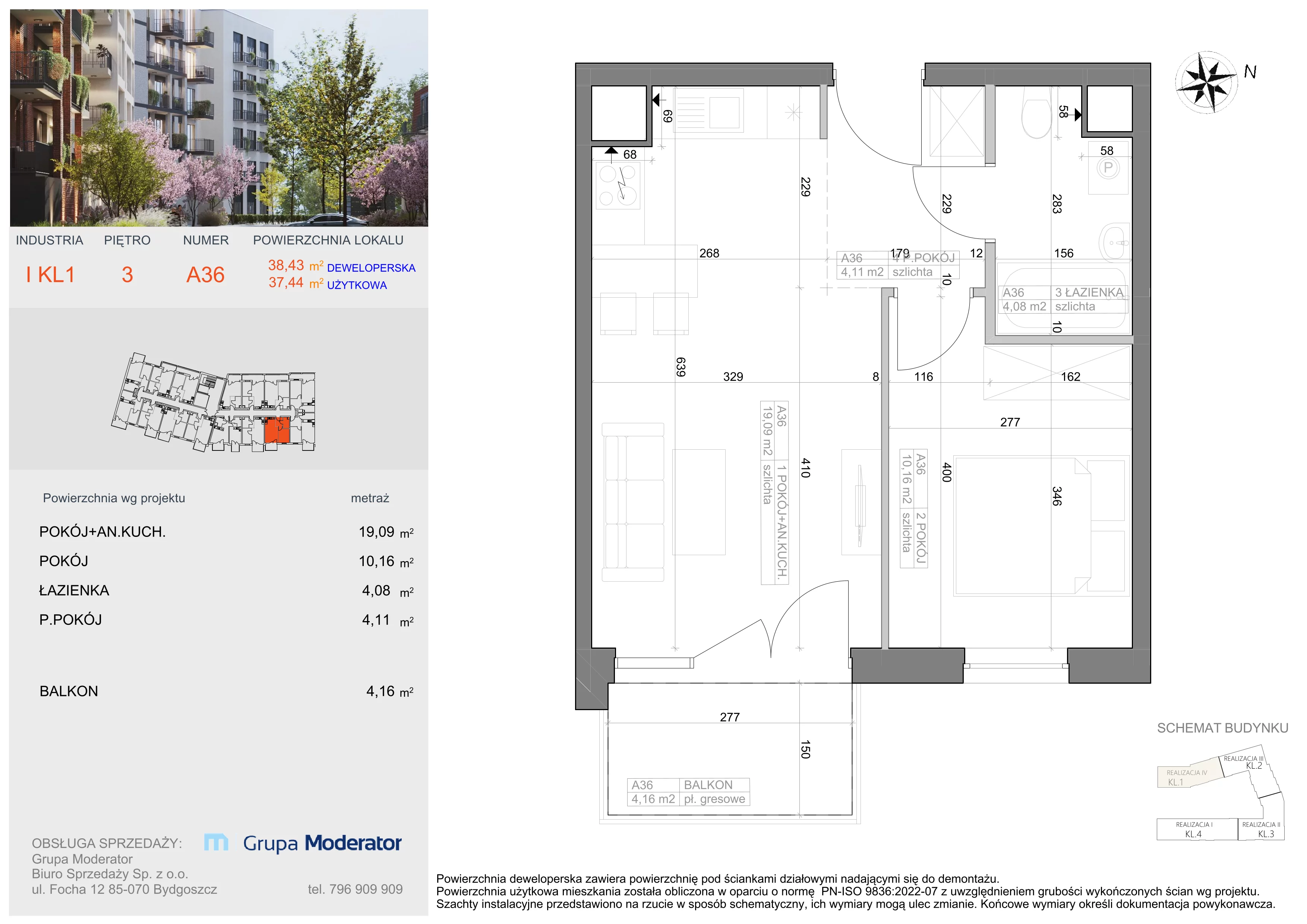 2 pokoje, mieszkanie 37,44 m², piętro 3, oferta nr I-A36, Industria II, Bydgoszcz, Bocianowo, ul. Rycerska 22