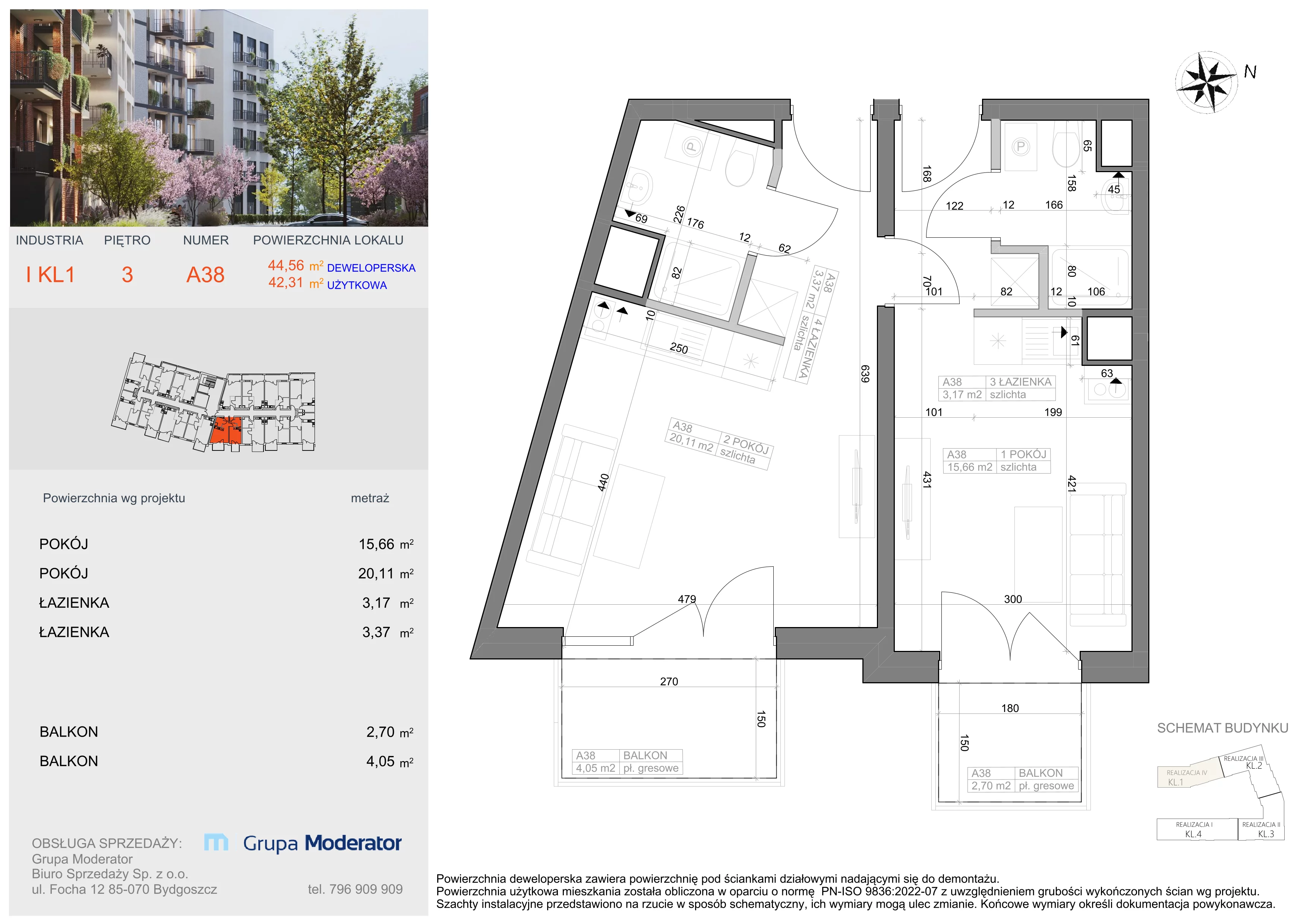 2 pokoje, mieszkanie 42,31 m², piętro 3, oferta nr I-A38, Industria II, Bydgoszcz, Bocianowo, ul. Rycerska 22