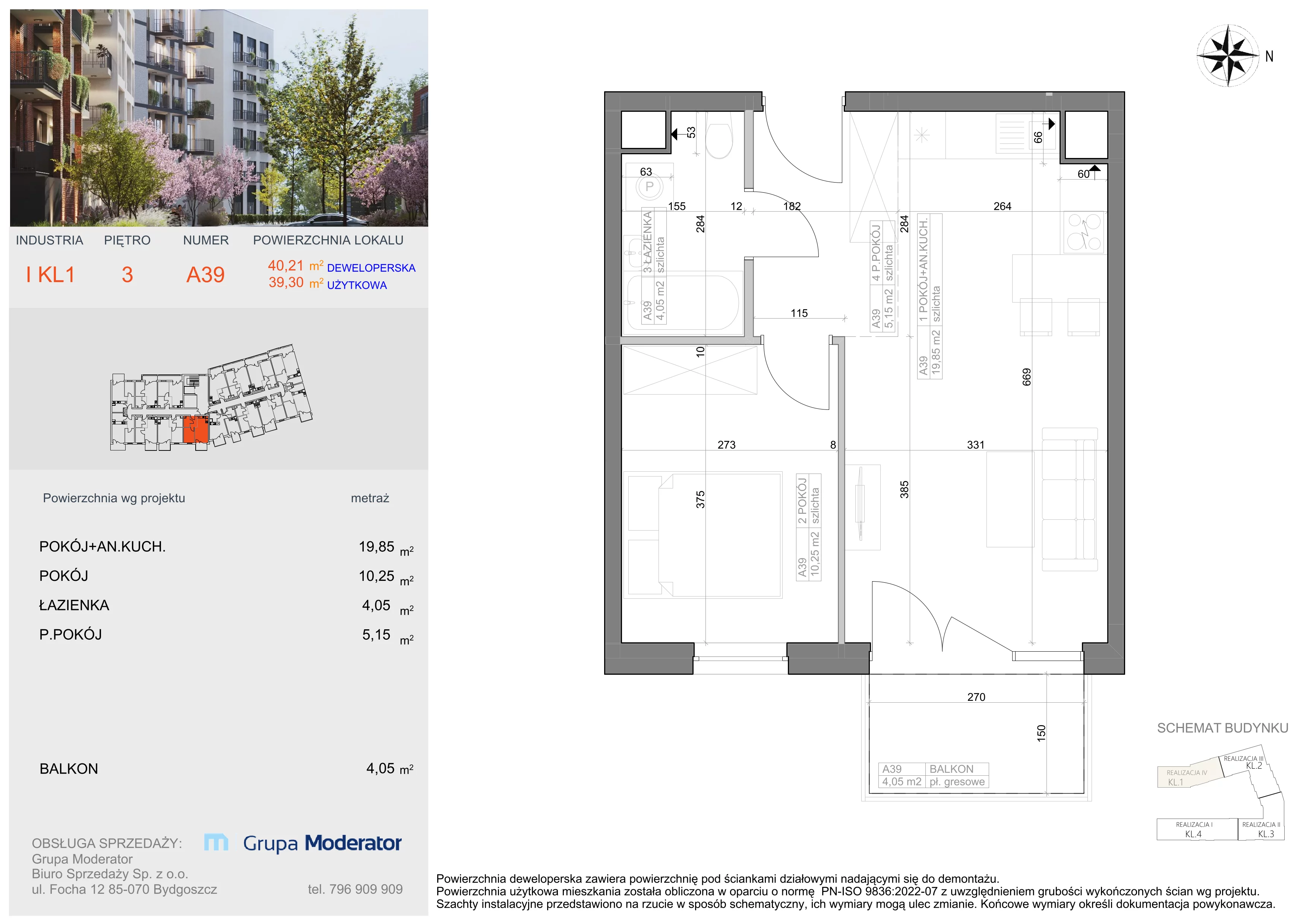 2 pokoje, mieszkanie 39,30 m², piętro 3, oferta nr I-A39, Industria II, Bydgoszcz, Bocianowo, ul. Rycerska 22