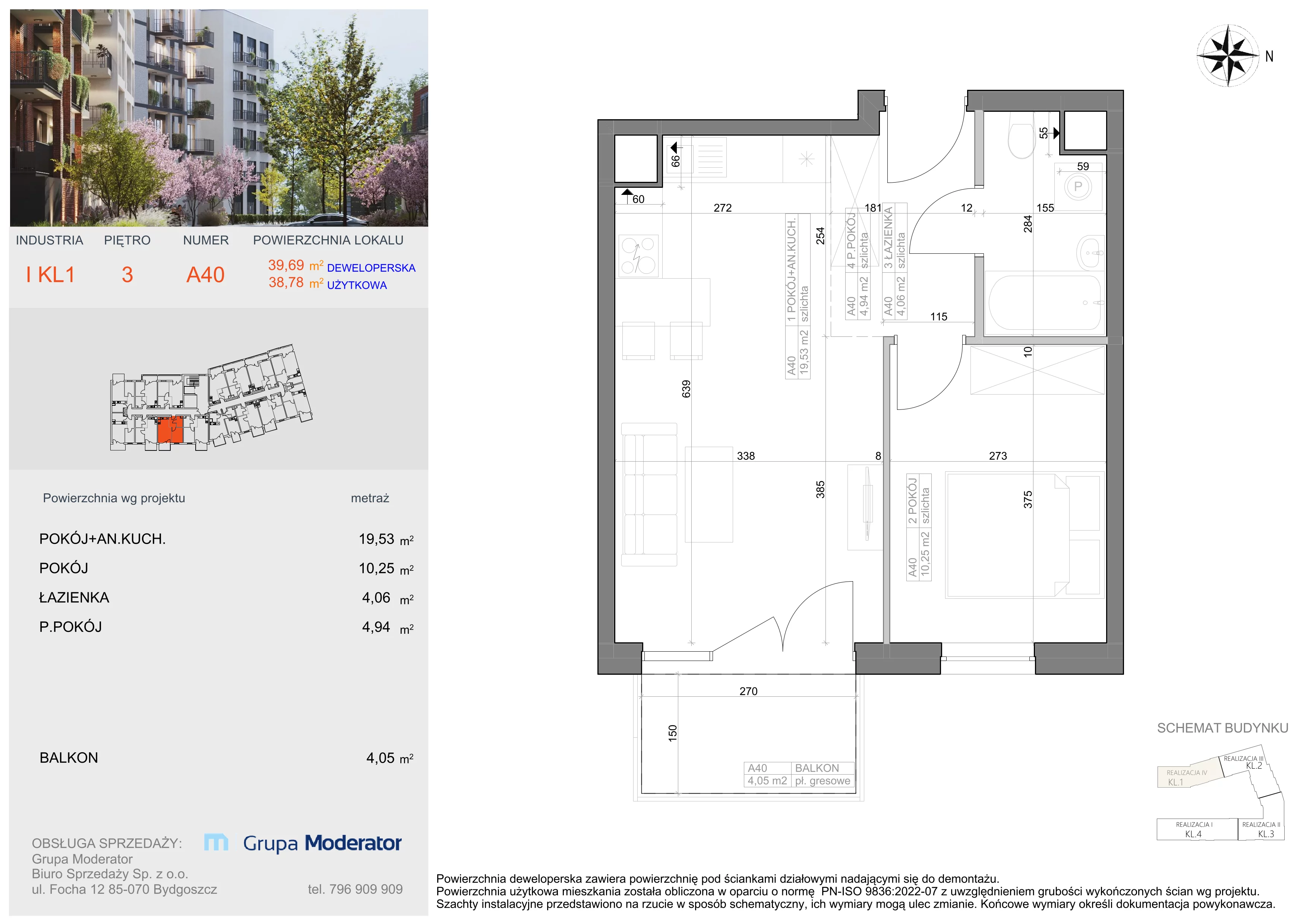 2 pokoje, mieszkanie 38,78 m², piętro 3, oferta nr I-A40, Industria II, Bydgoszcz, Bocianowo, ul. Rycerska 22