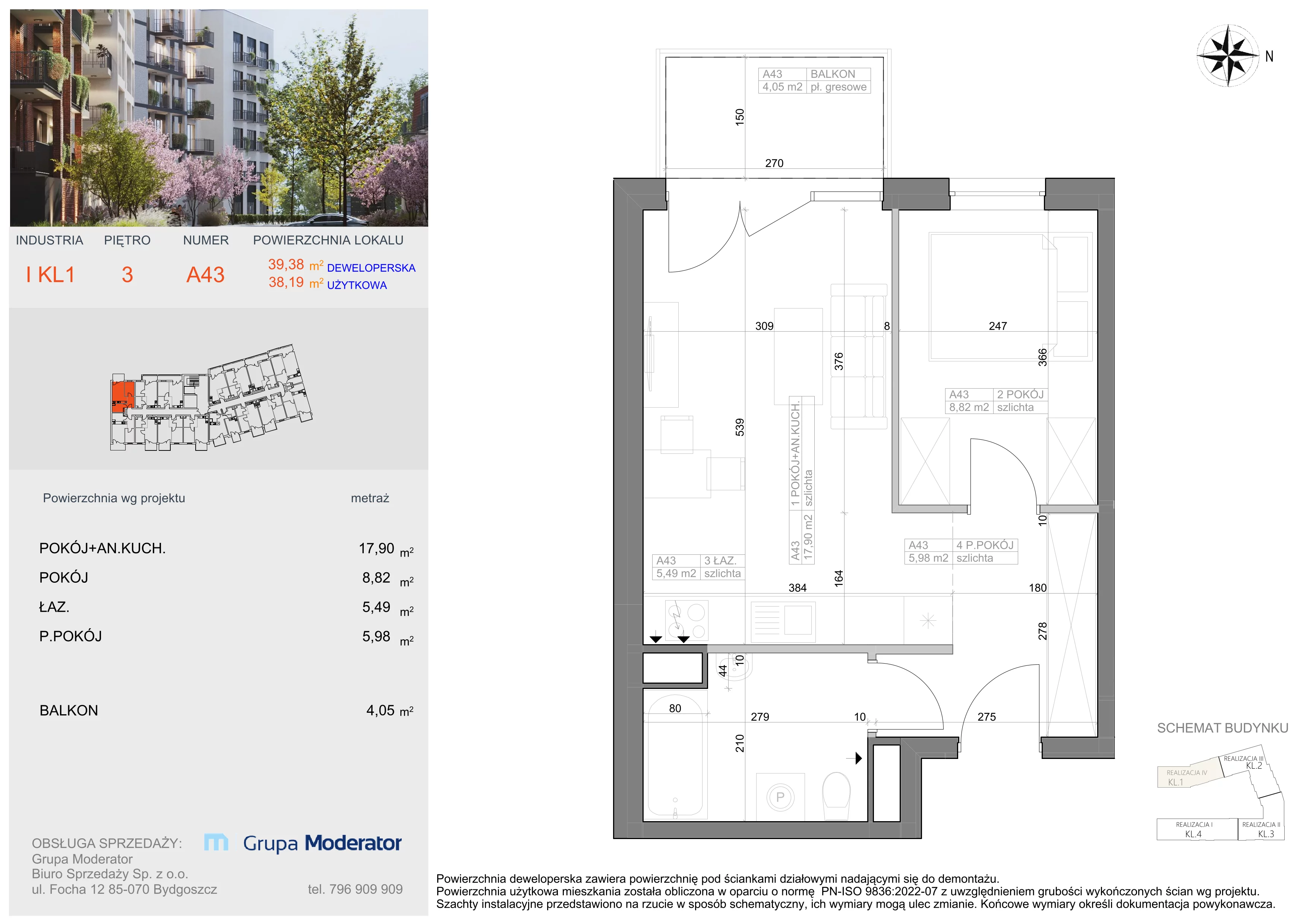 2 pokoje, mieszkanie 38,19 m², piętro 3, oferta nr I-A43, Industria II, Bydgoszcz, Bocianowo, ul. Rycerska 22
