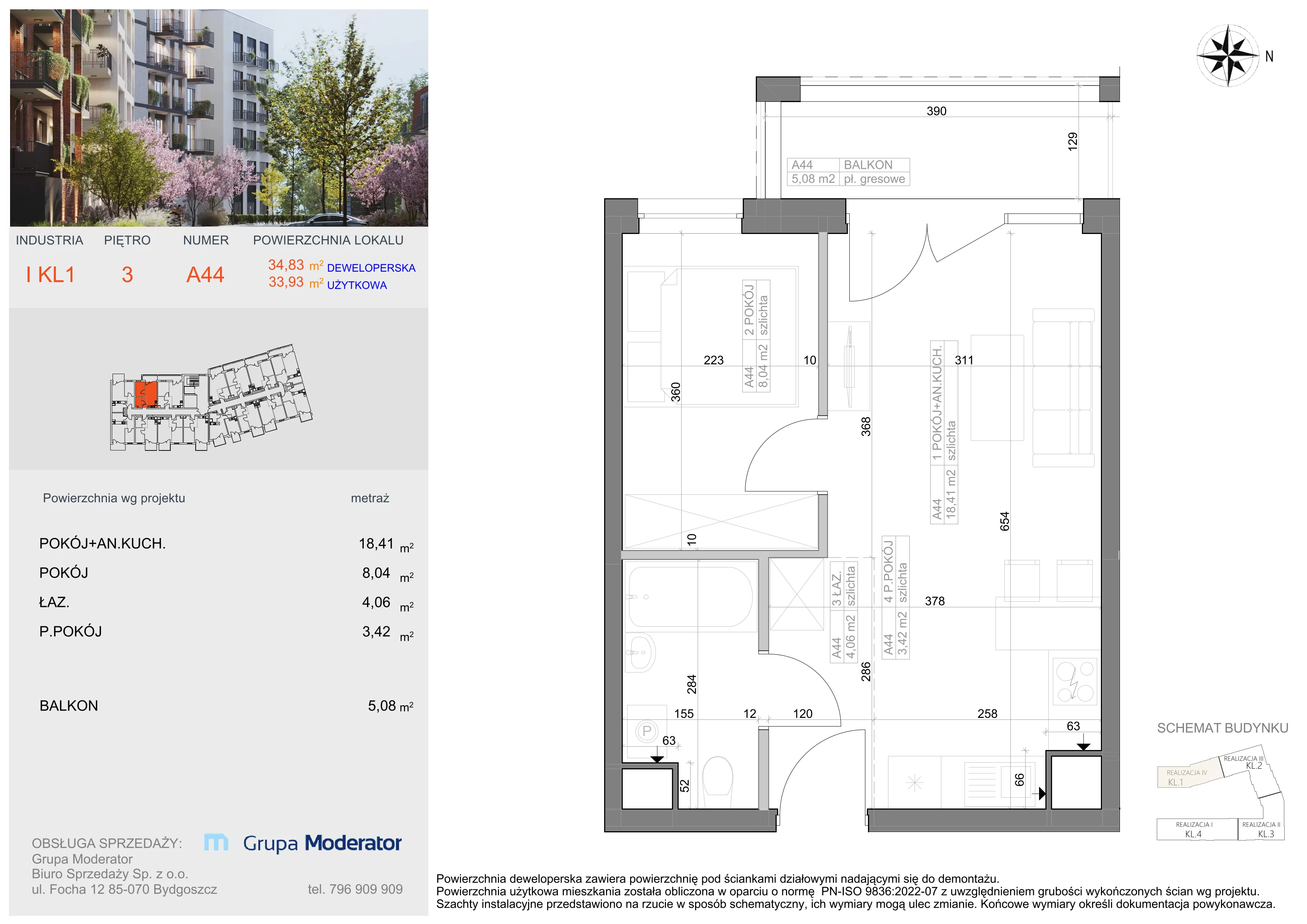2 pokoje, mieszkanie 33,93 m², piętro 3, oferta nr I-A44, Industria II, Bydgoszcz, Bocianowo, ul. Rycerska 22