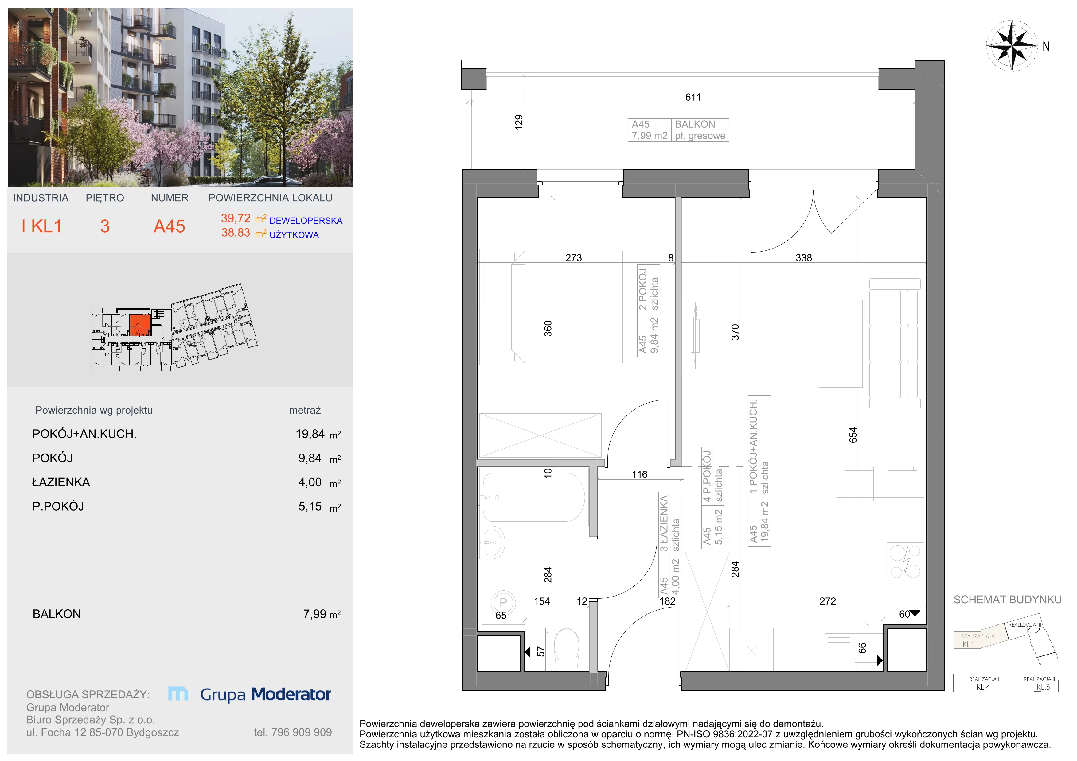 2 pokoje, mieszkanie 38,83 m², piętro 3, oferta nr I-A45, Industria II, Bydgoszcz, Bocianowo, ul. Rycerska 22