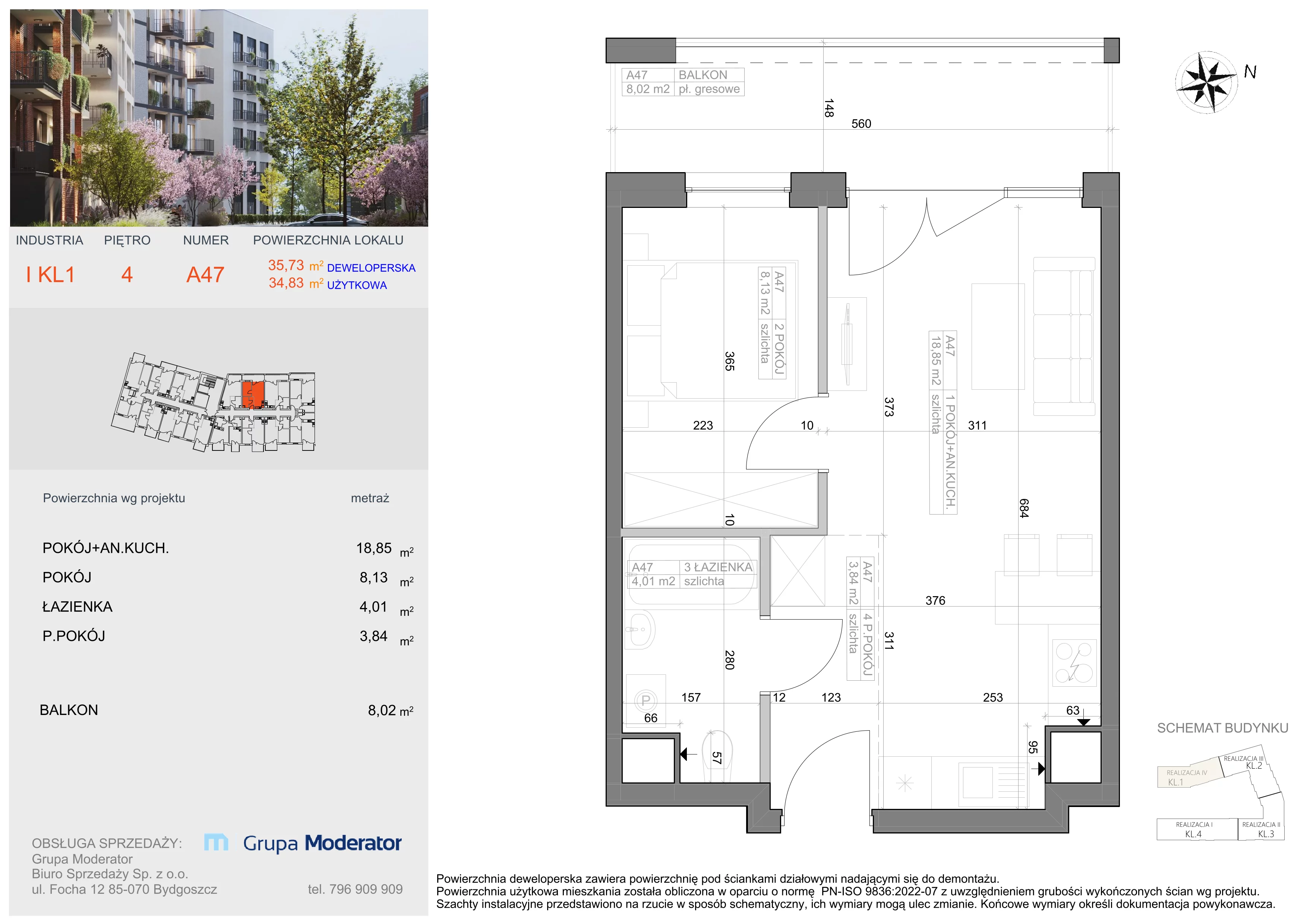 2 pokoje, mieszkanie 34,83 m², piętro 4, oferta nr I-A47, Industria II, Bydgoszcz, Bocianowo, ul. Rycerska 22