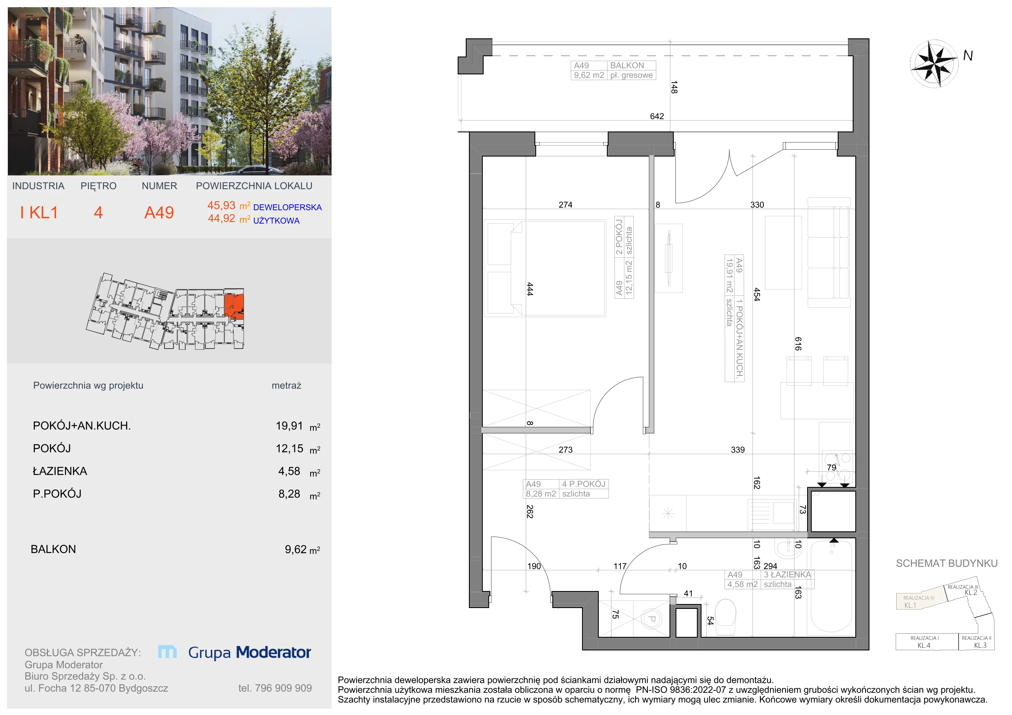 2 pokoje, mieszkanie 44,92 m², piętro 4, oferta nr I-A49, Industria II, Bydgoszcz, Bocianowo, ul. Rycerska 22