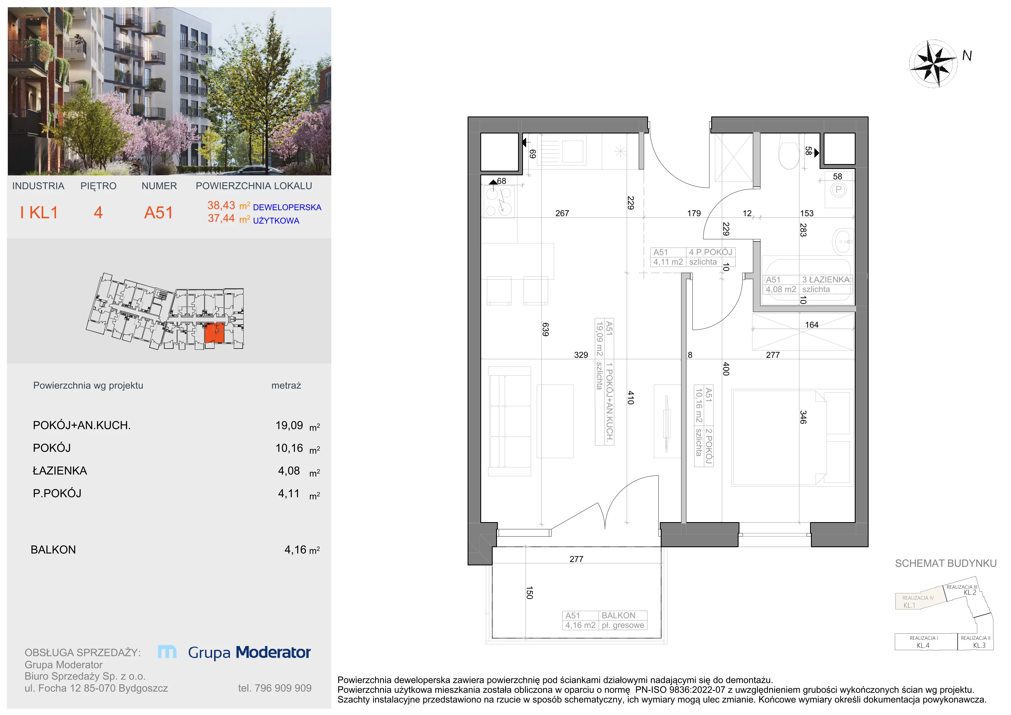 2 pokoje, mieszkanie 37,44 m², piętro 4, oferta nr I-A51, Industria II, Bydgoszcz, Bocianowo, ul. Rycerska 22