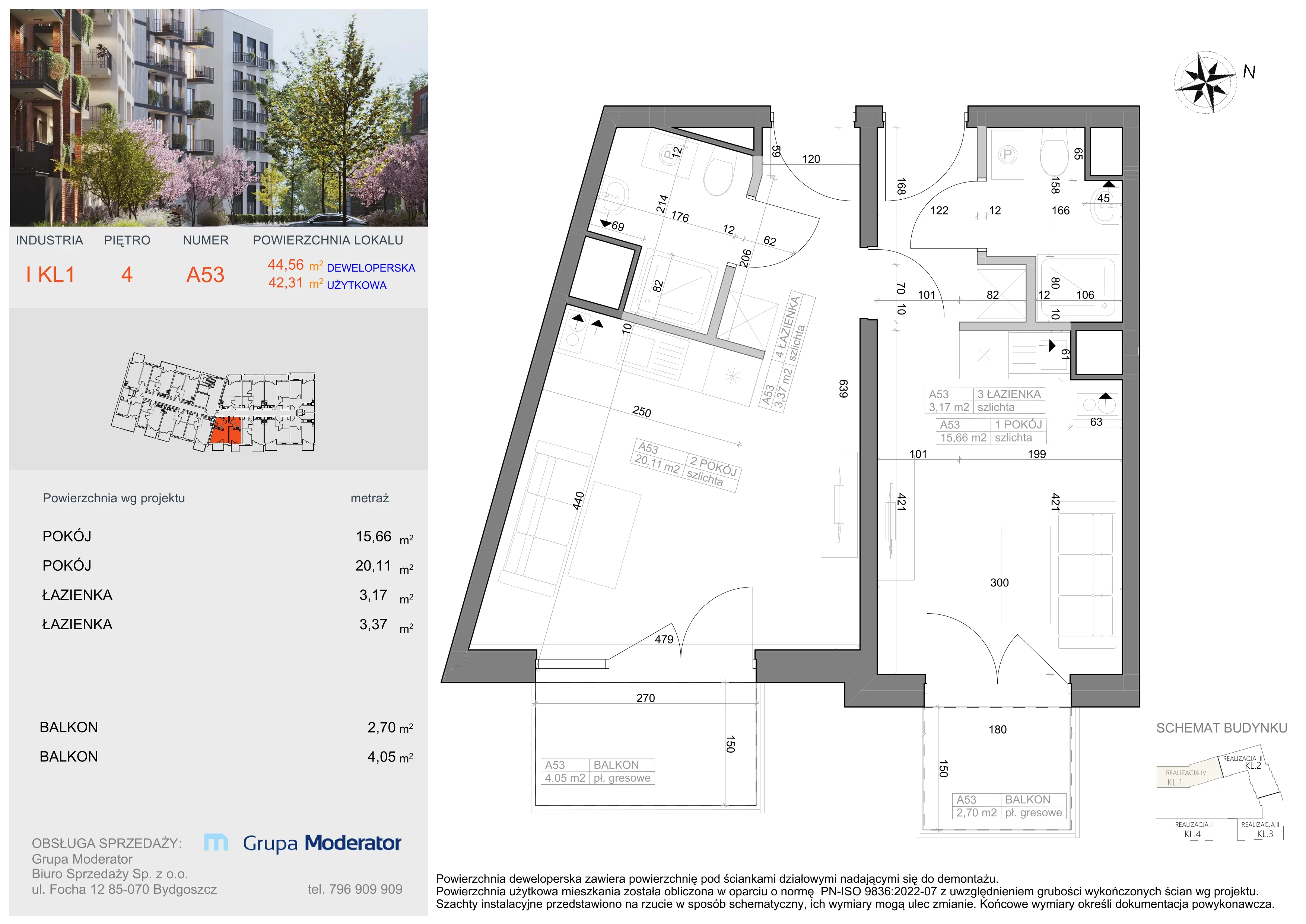 2 pokoje, mieszkanie 42,31 m², piętro 4, oferta nr I-A53, Industria II, Bydgoszcz, Bocianowo, ul. Rycerska 22