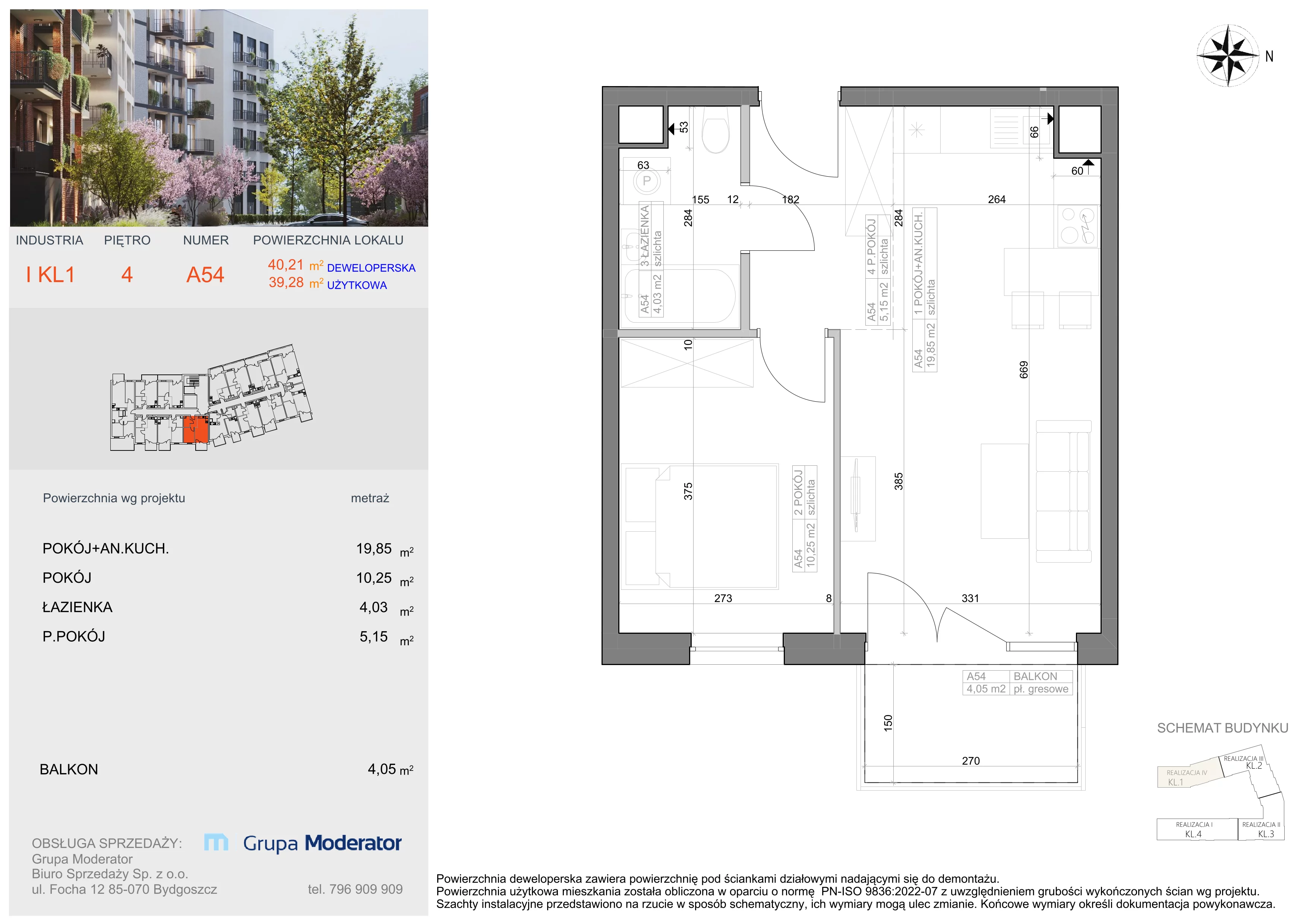 2 pokoje, mieszkanie 39,20 m², piętro 4, oferta nr I-A54, Industria II, Bydgoszcz, Bocianowo, ul. Rycerska 22