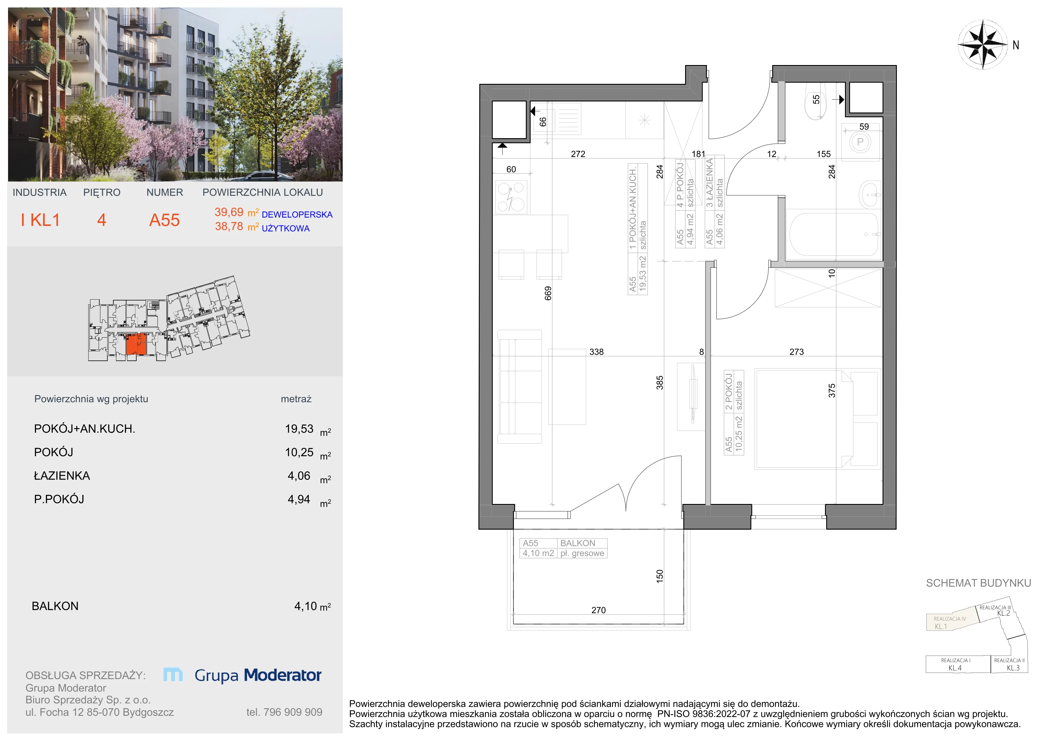 2 pokoje, mieszkanie 38,78 m², piętro 4, oferta nr I-A55, Industria II, Bydgoszcz, Bocianowo, ul. Rycerska 22