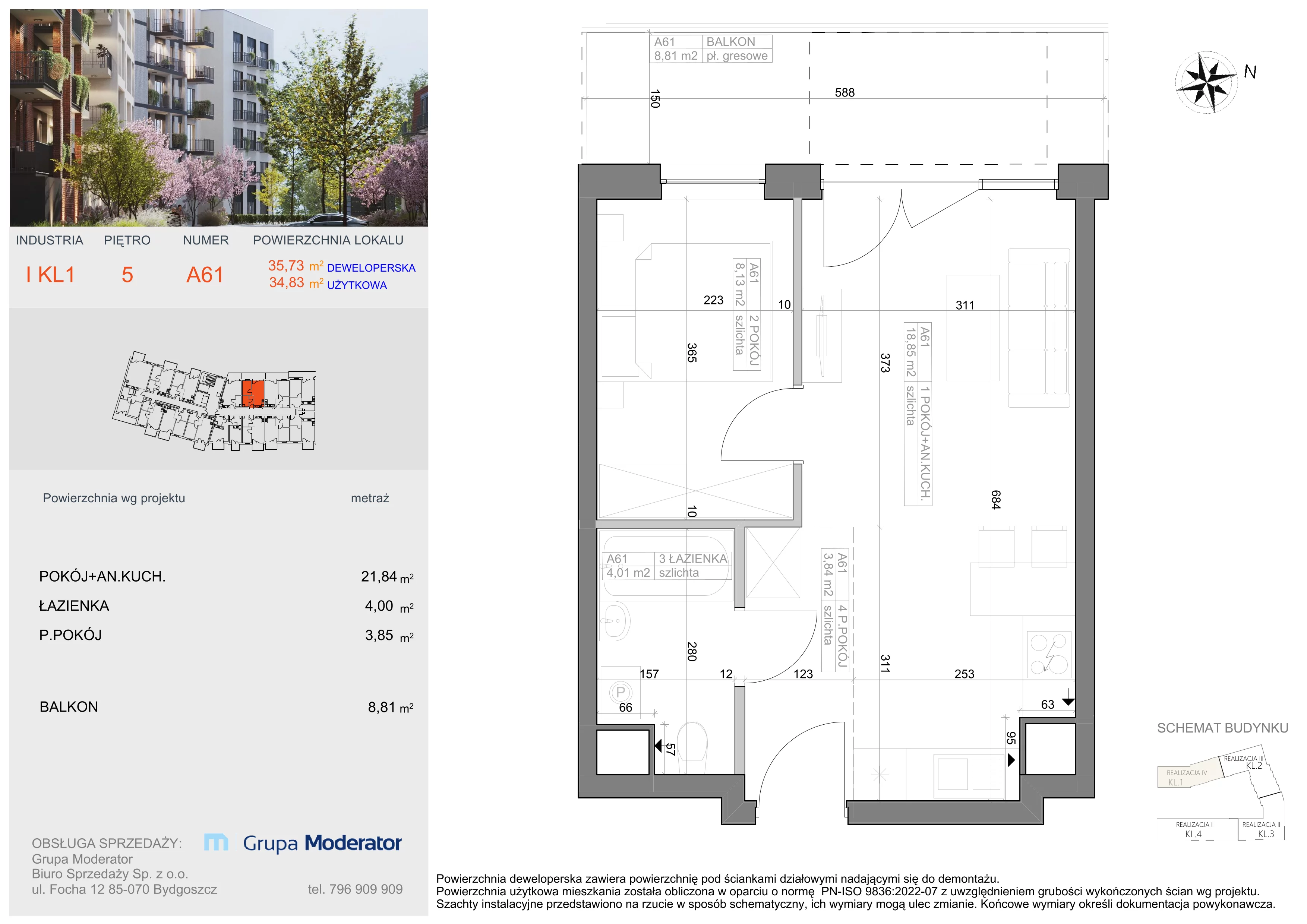 2 pokoje, mieszkanie 34,83 m², piętro 5, oferta nr I-A61, Industria II, Bydgoszcz, Bocianowo, ul. Rycerska 22