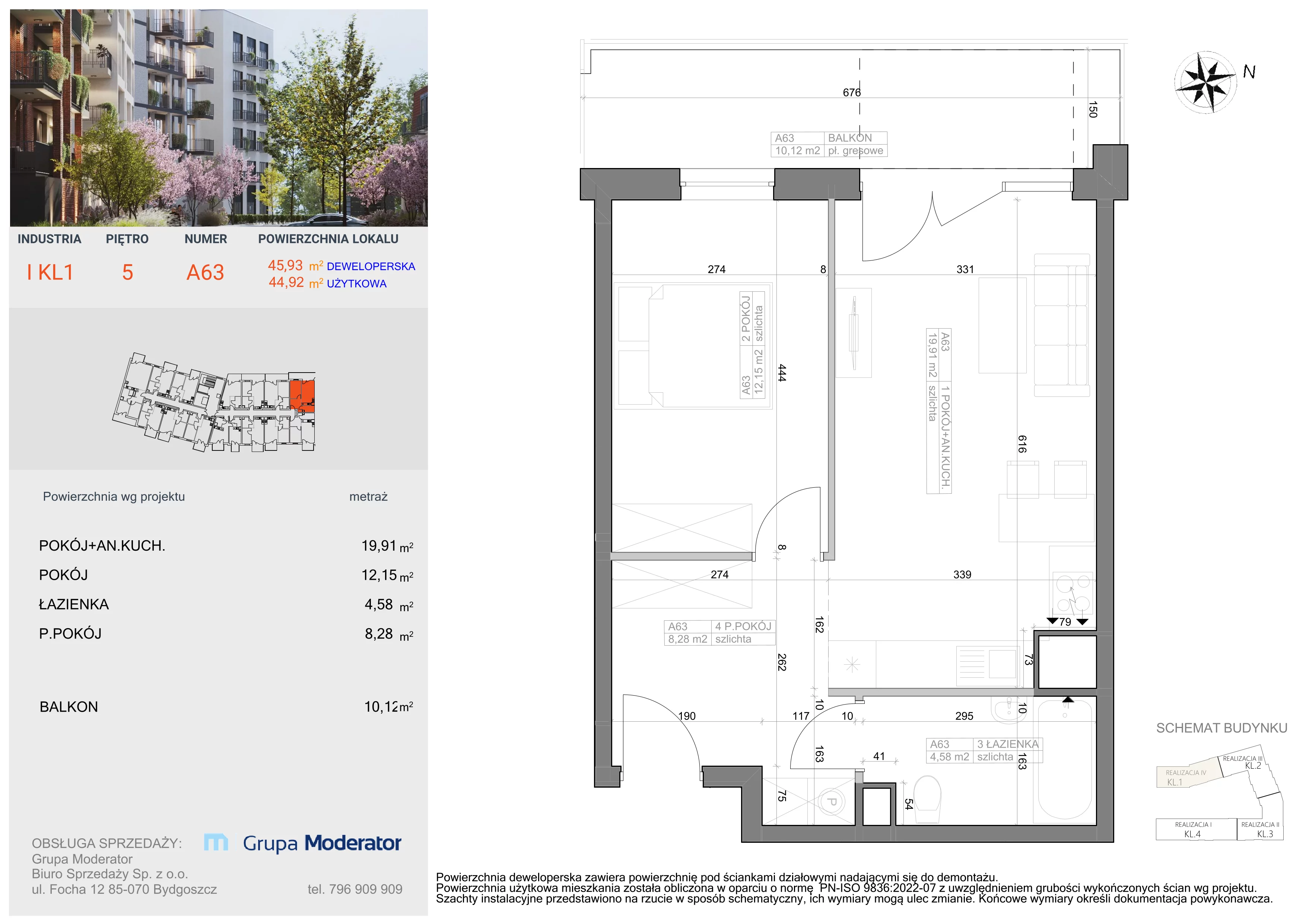 2 pokoje, mieszkanie 44,92 m², piętro 5, oferta nr I-A63, Industria II, Bydgoszcz, Bocianowo, ul. Rycerska 22