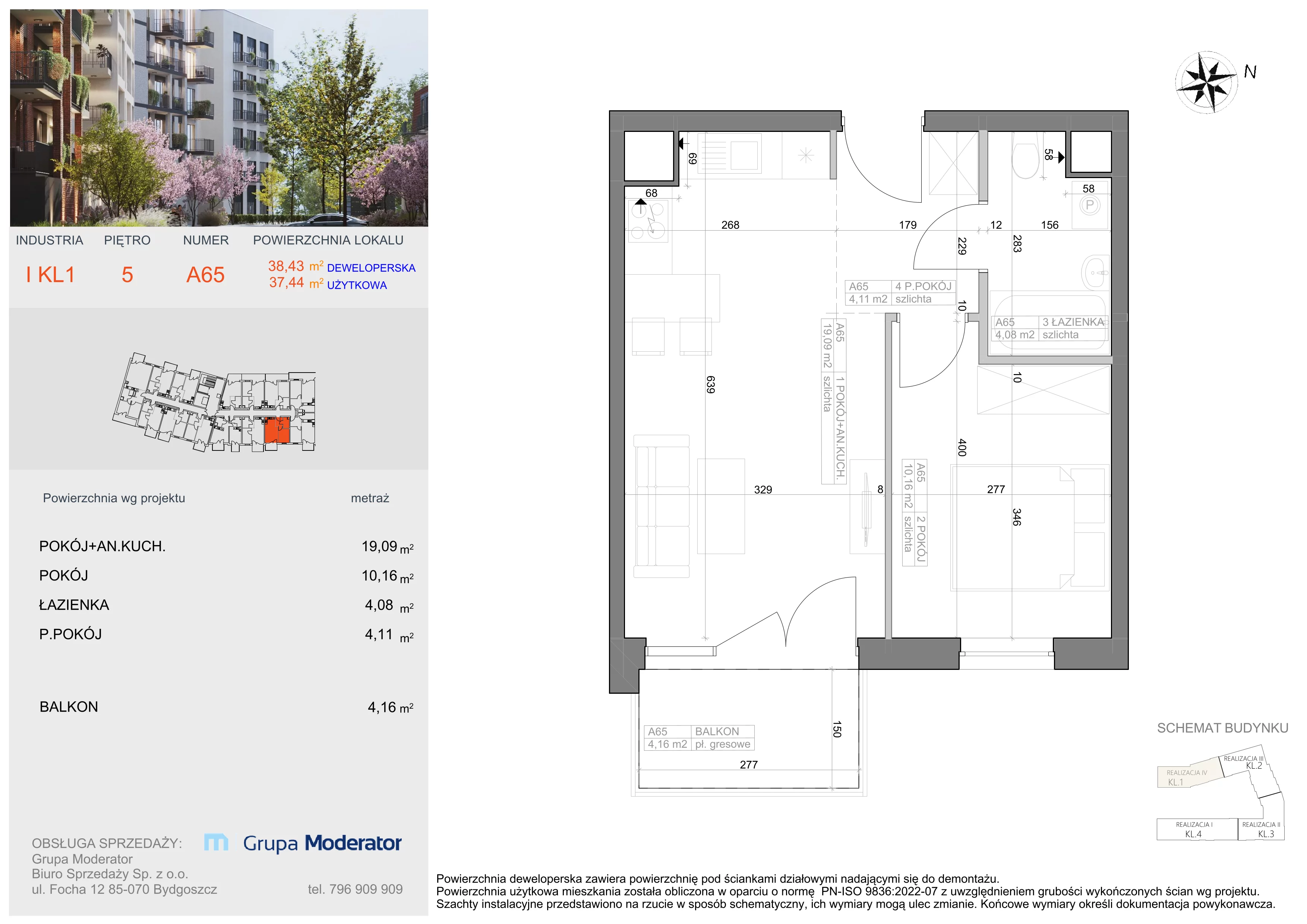 2 pokoje, mieszkanie 37,44 m², piętro 5, oferta nr I-A65, Industria II, Bydgoszcz, Bocianowo, ul. Rycerska 22