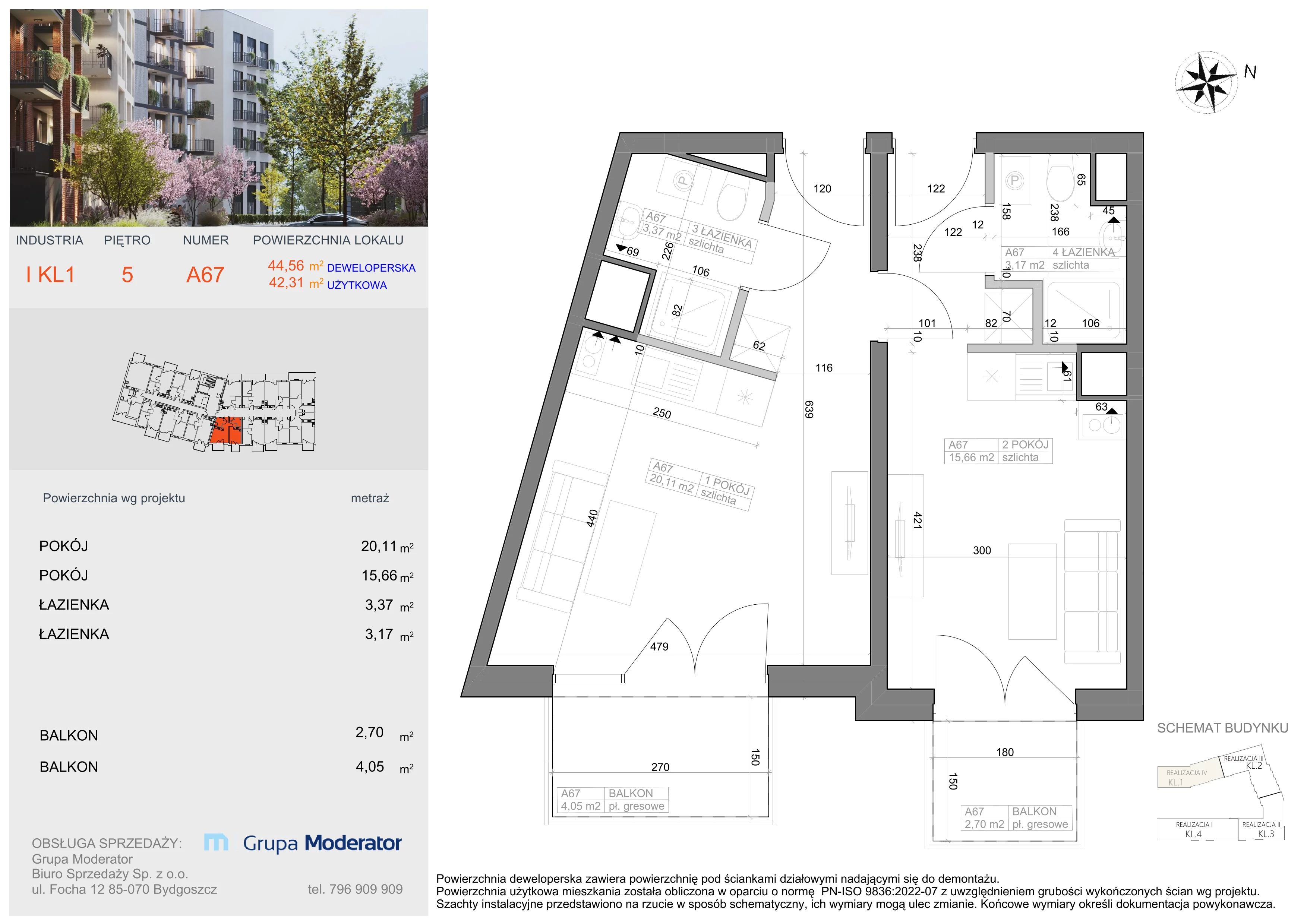 2 pokoje, mieszkanie 42,31 m², piętro 5, oferta nr I-A67, Industria II, Bydgoszcz, Bocianowo, ul. Rycerska 22