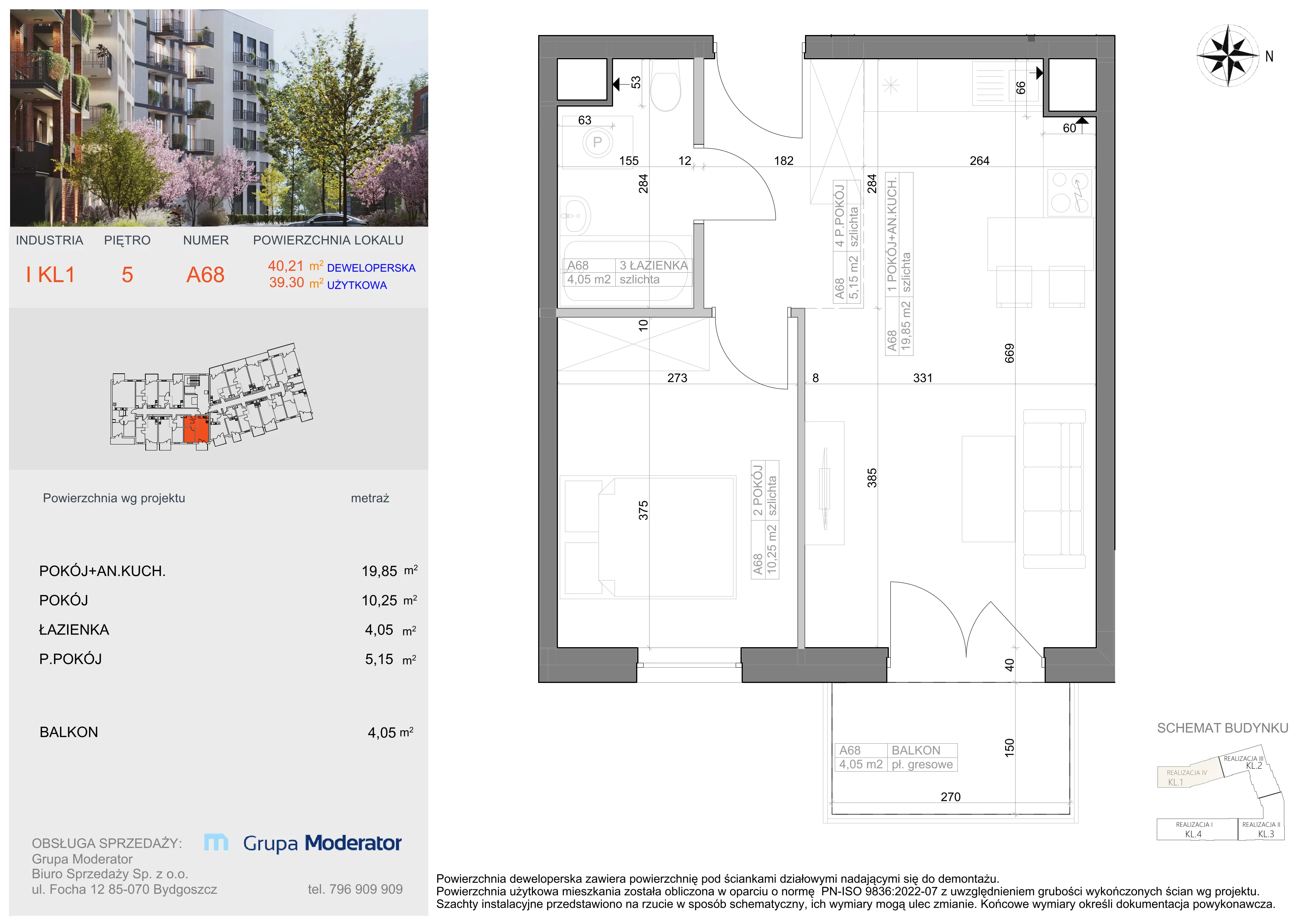 2 pokoje, mieszkanie 39,30 m², piętro 5, oferta nr I-A68, Industria II, Bydgoszcz, Bocianowo, ul. Rycerska 22