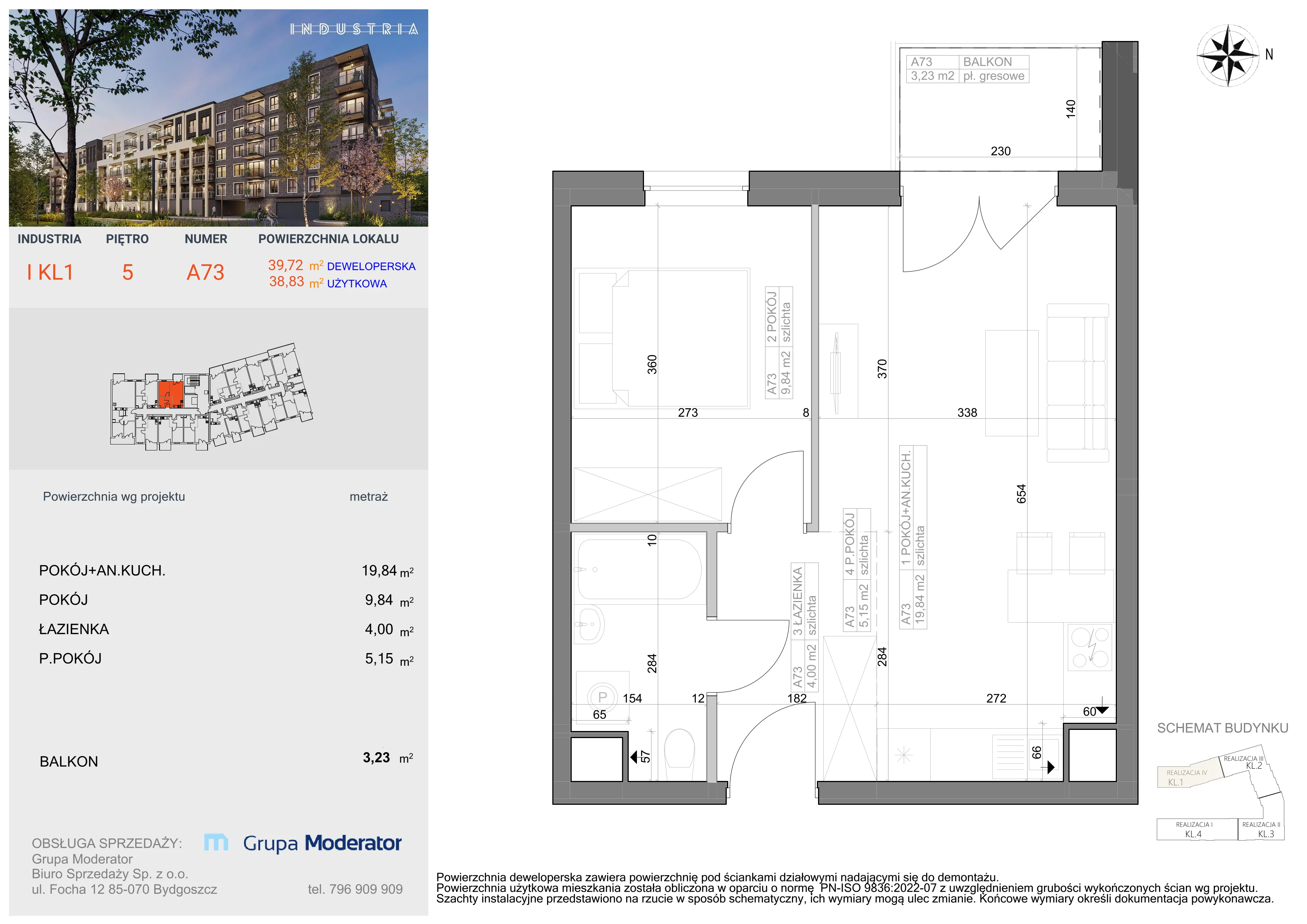 2 pokoje, mieszkanie 38,83 m², piętro 5, oferta nr I-A73, Industria II, Bydgoszcz, Bocianowo, ul. Rycerska 22