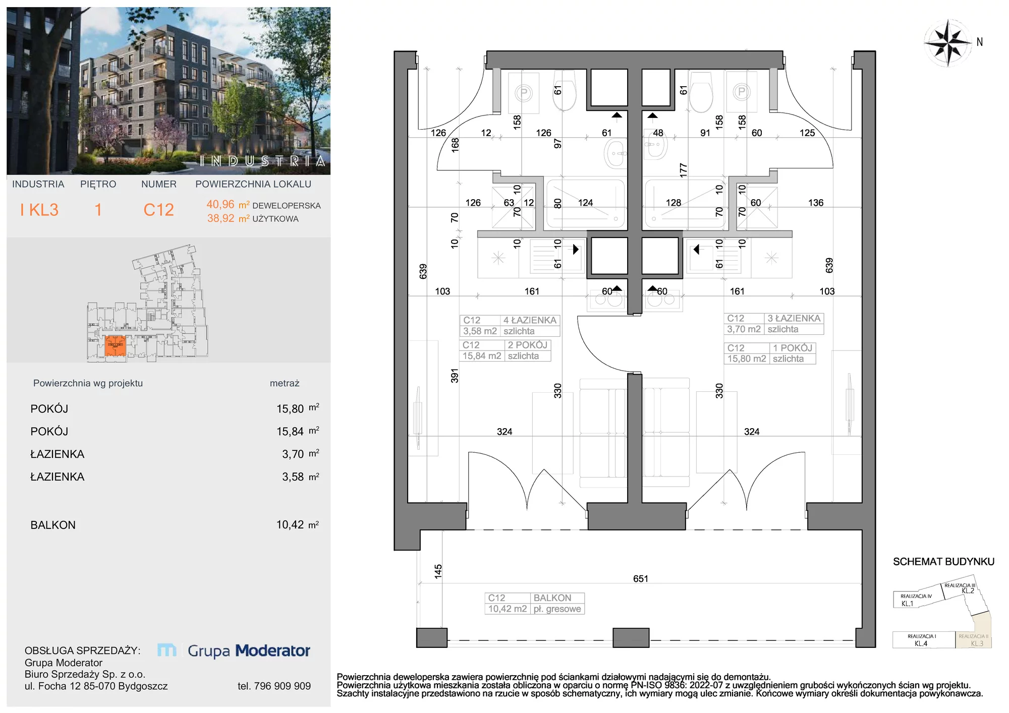 Mieszkanie 38,92 m², piętro 1, oferta nr I-C12, Industria Budynek I-D, Bydgoszcz, Bocianowo, ul. Rycerska 22