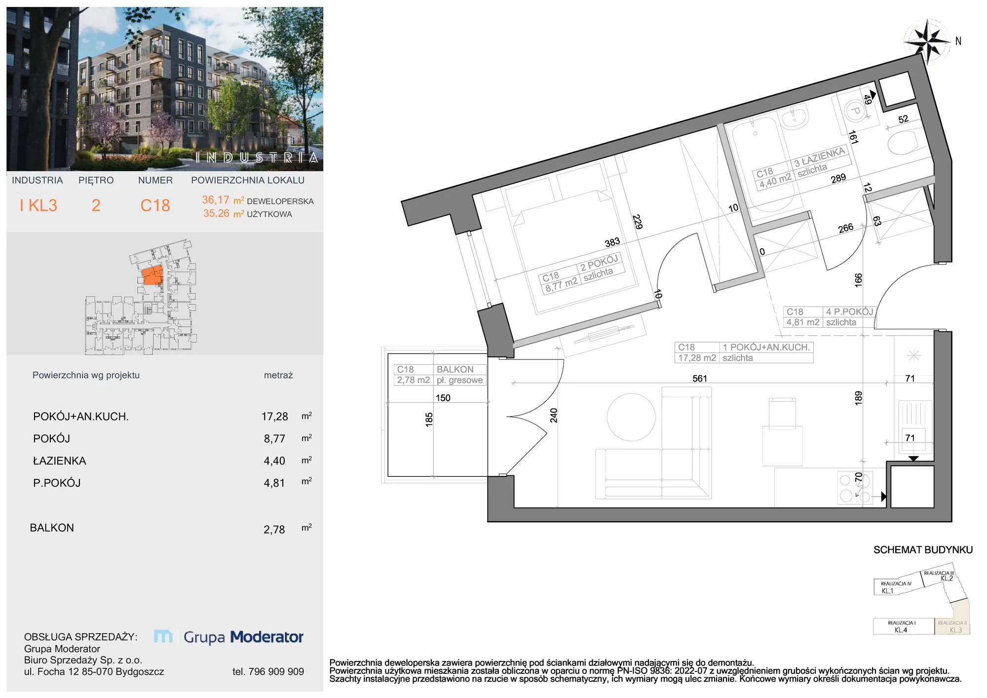 Mieszkanie 35,26 m², piętro 2, oferta nr I-C18, Industria Budynek I-D, Bydgoszcz, Bocianowo, ul. Rycerska 22