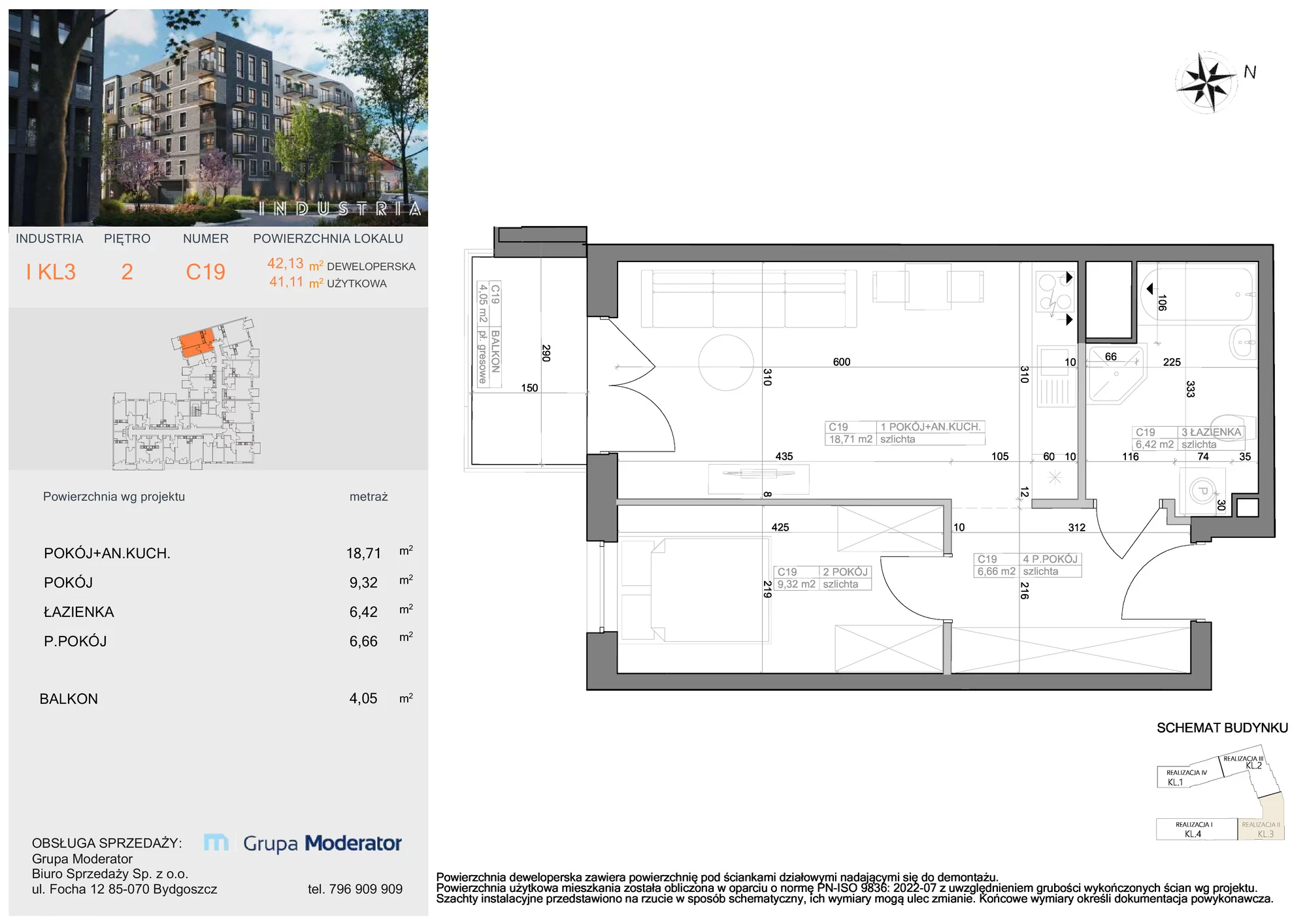 Mieszkanie 41,11 m², piętro 2, oferta nr I-C19, Industria Budynek I-D, Bydgoszcz, Bocianowo, ul. Rycerska 22