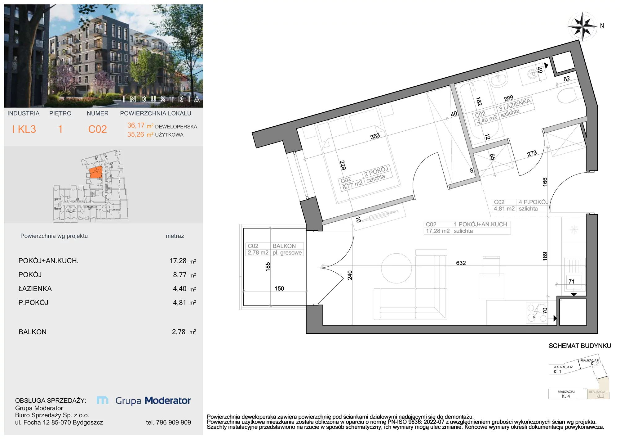 Mieszkanie 35,26 m², piętro 1, oferta nr I-C2, Industria Budynek I-D, Bydgoszcz, Bocianowo, ul. Rycerska 22