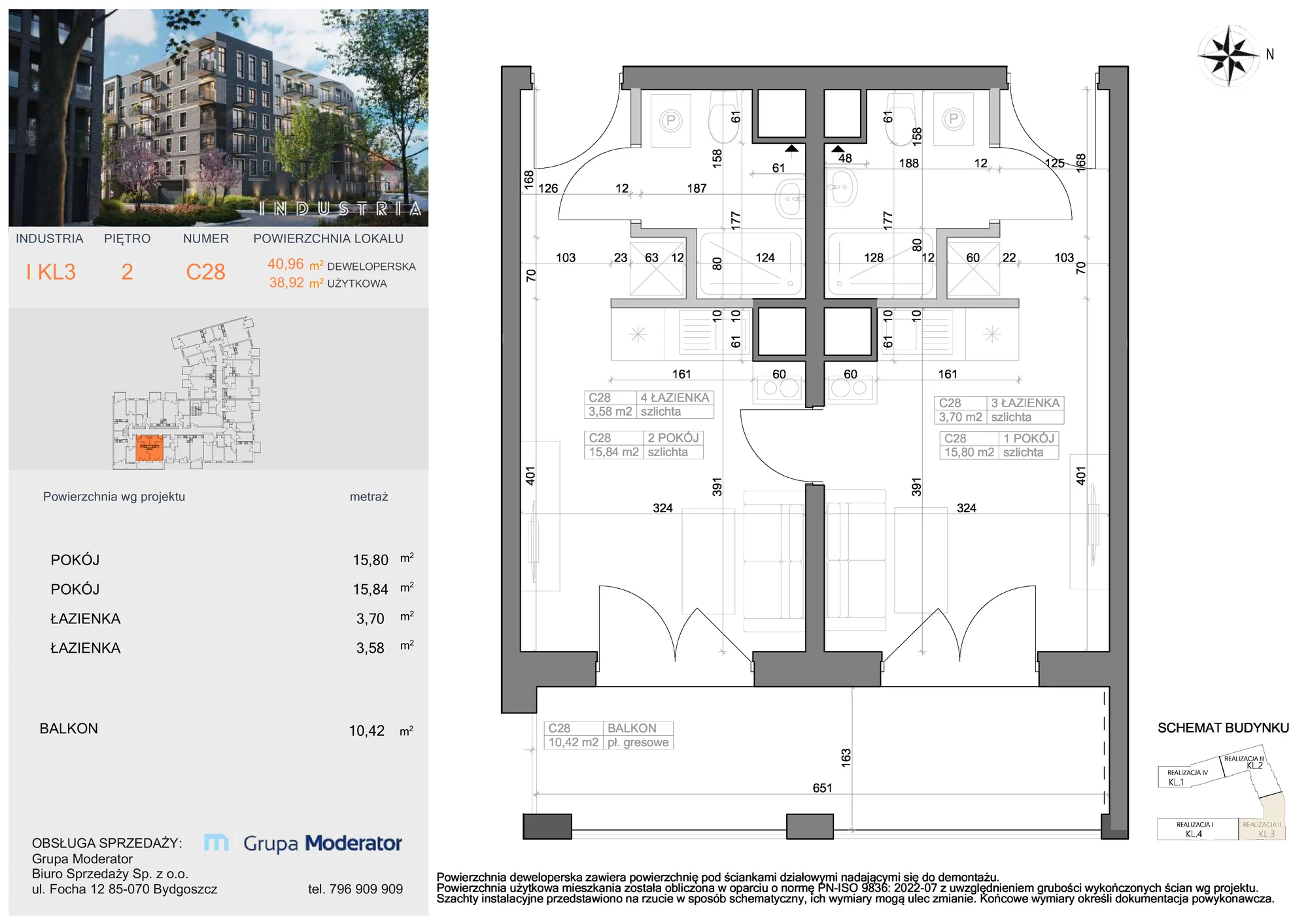 Mieszkanie 38,92 m², piętro 2, oferta nr I-C28, Industria Budynek I-D, Bydgoszcz, Bocianowo, ul. Rycerska 22