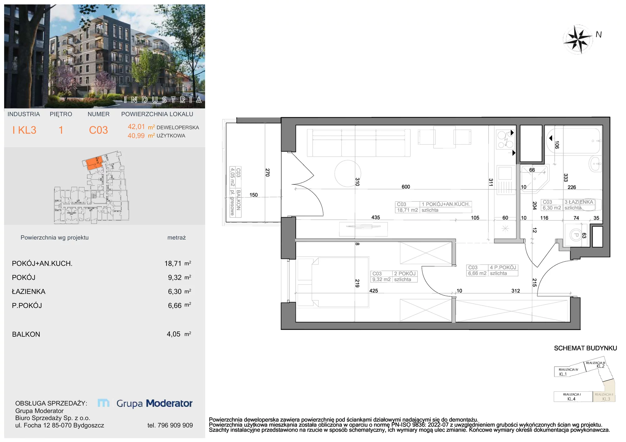 Mieszkanie 40,99 m², piętro 1, oferta nr I-C3, Industria Budynek I-D, Bydgoszcz, Bocianowo, ul. Rycerska 22