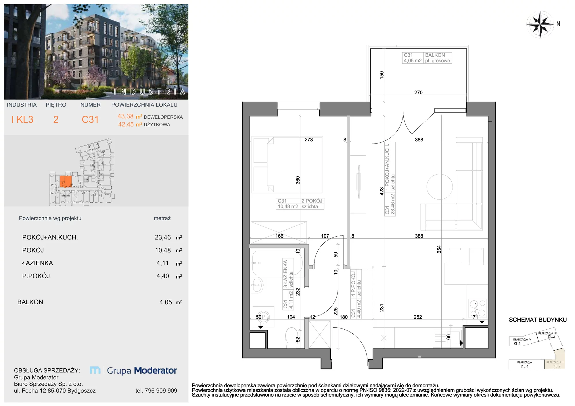 Mieszkanie 42,45 m², piętro 2, oferta nr I-C31, Industria Budynek I-D, Bydgoszcz, Bocianowo, ul. Rycerska 22